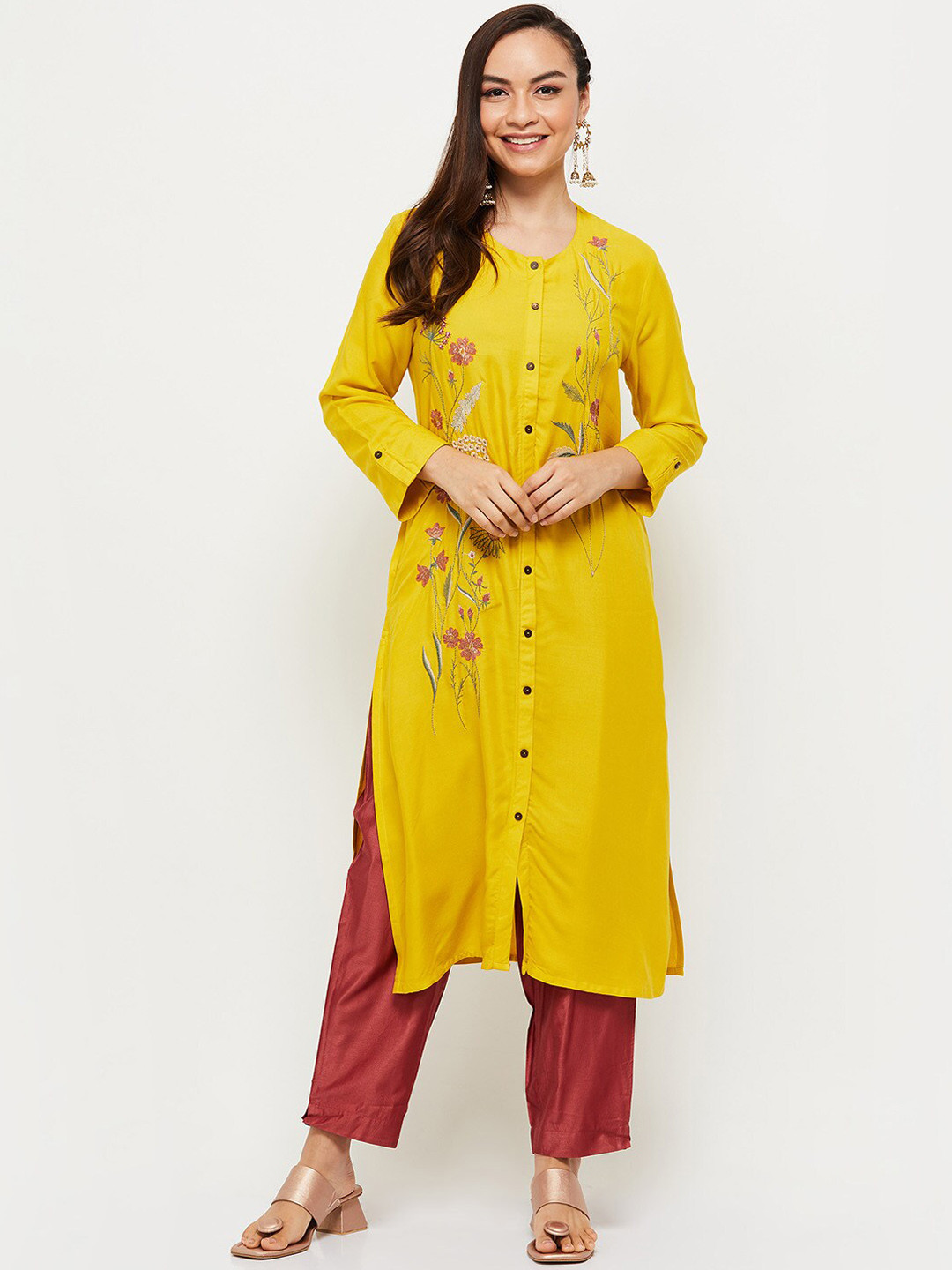 

max Women Yellow & Pink Floral Embroidered Thread Work Kurta
