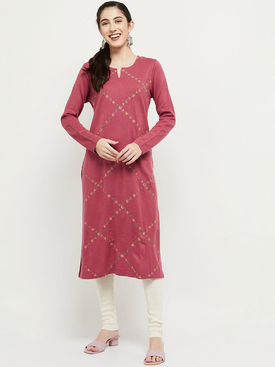

max Women Pink & Green Floral Embroidered Keyhole Neck Thread Work Kurta