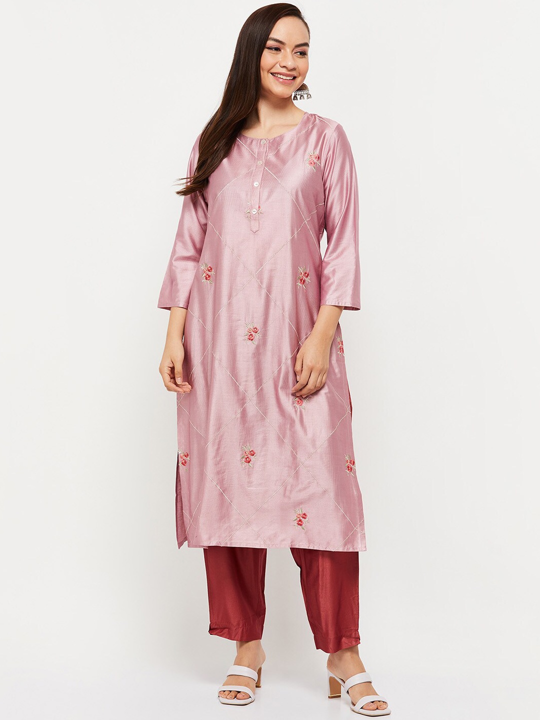 

max Women Pink Floral Embroidered Flared Sleeves Thread Work Kurta