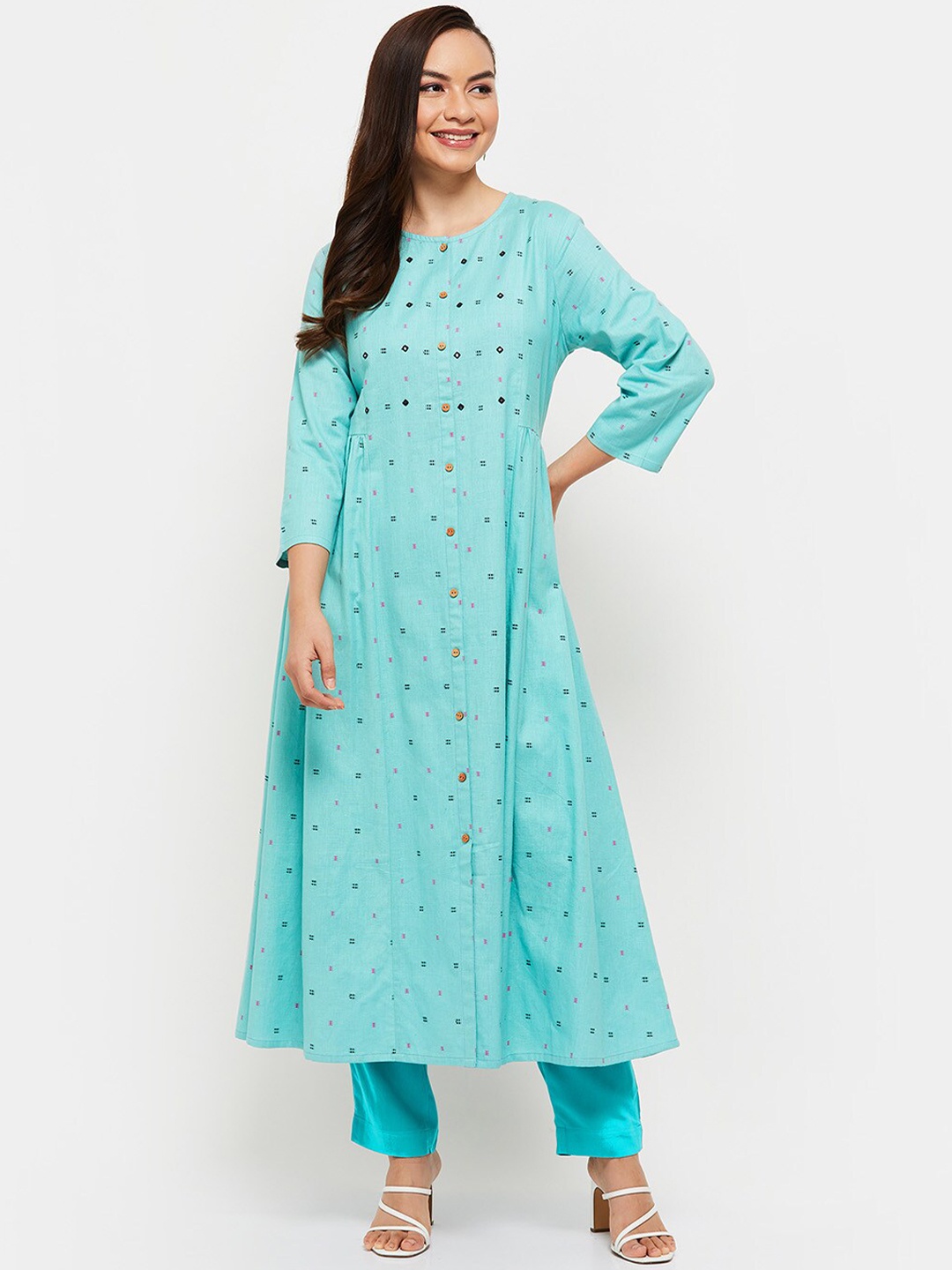 

max Women Blue Geometric Striped Printed Thread Work A-Line Cotton Kurta
