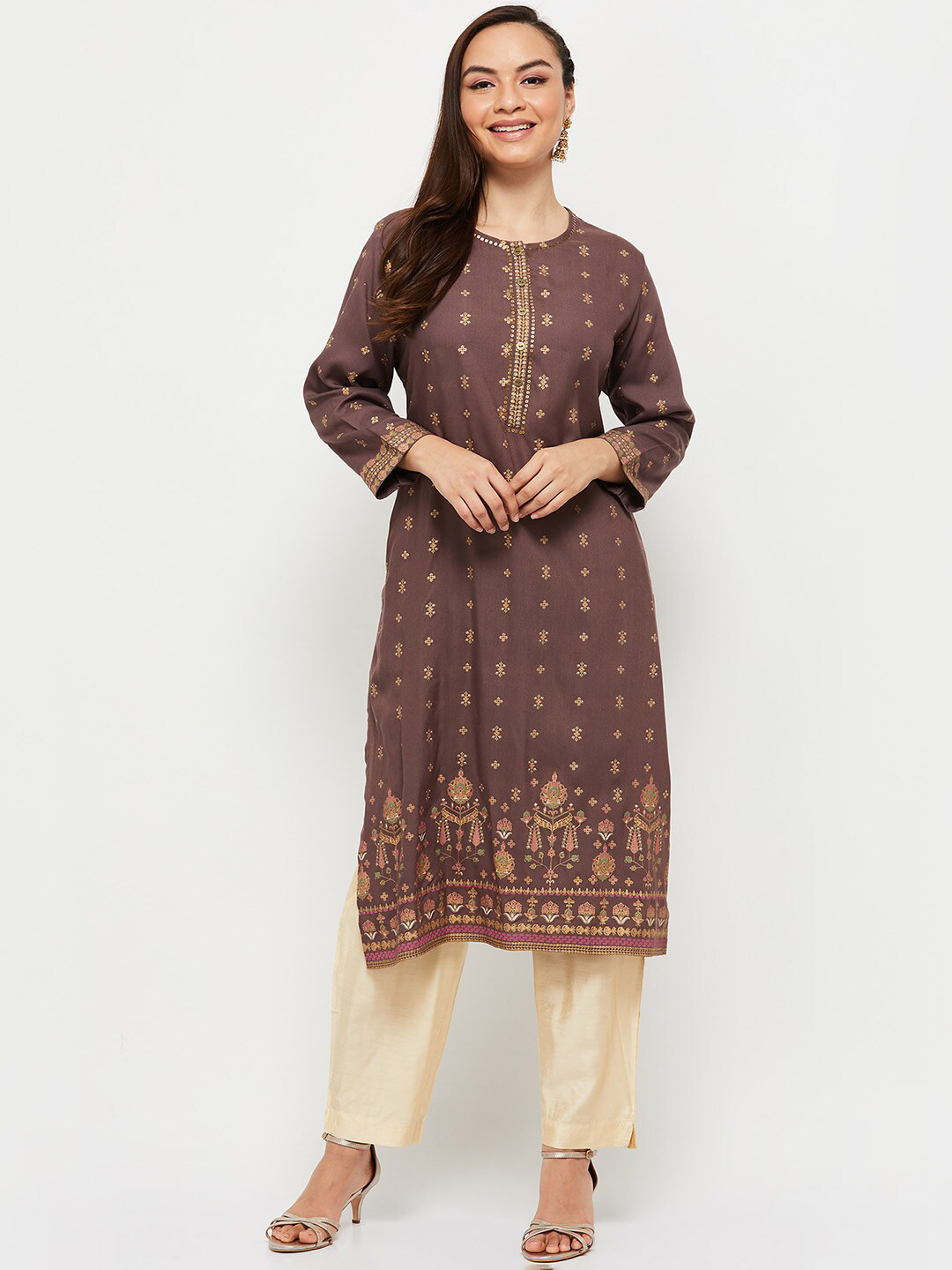 

max Women Brown Ethnic Motifs Printed Straight Kurta