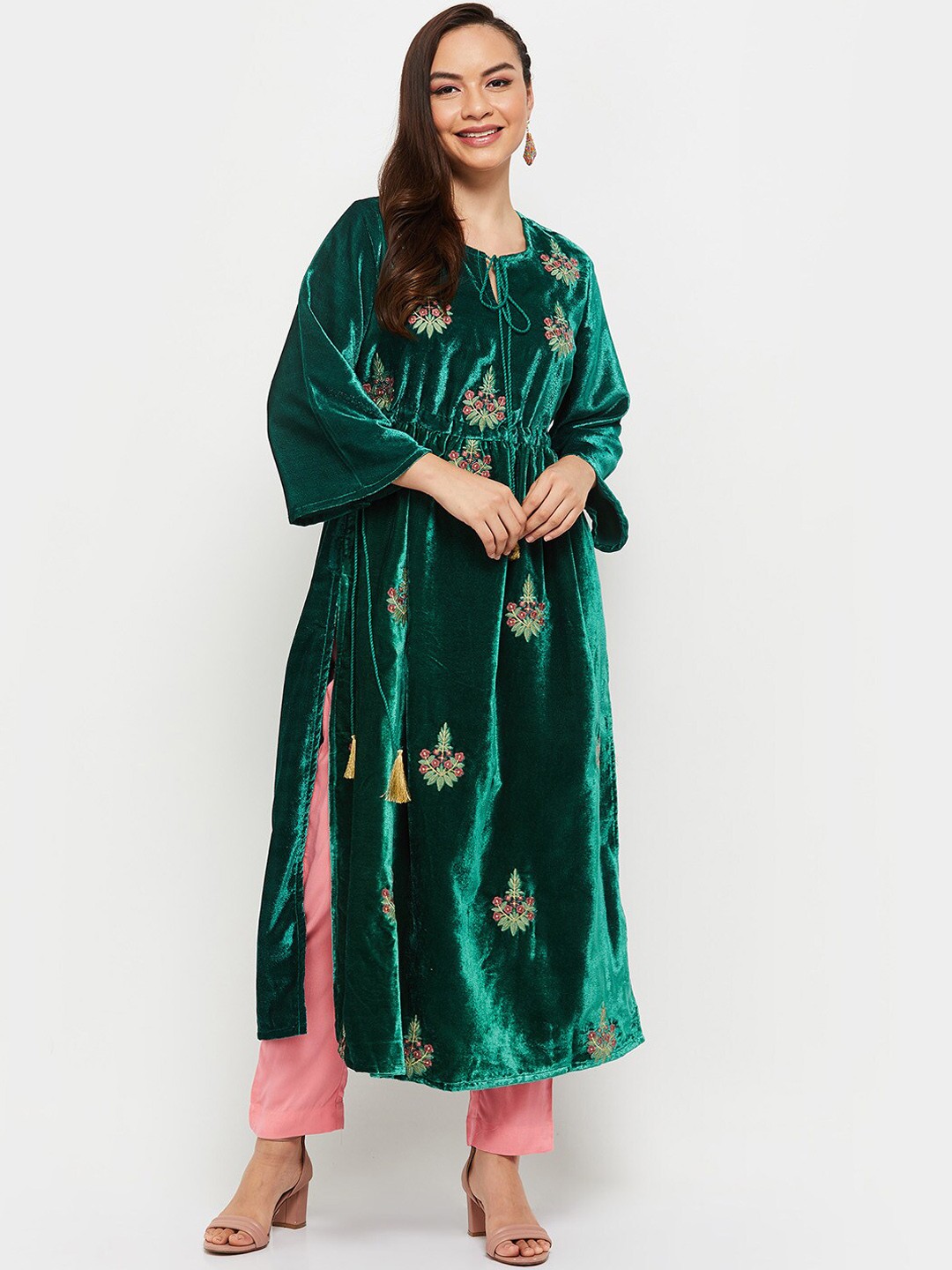 

max Women Green Floral Embroidered Flared Sleeves Thread Work Velvet A-Line Kurta