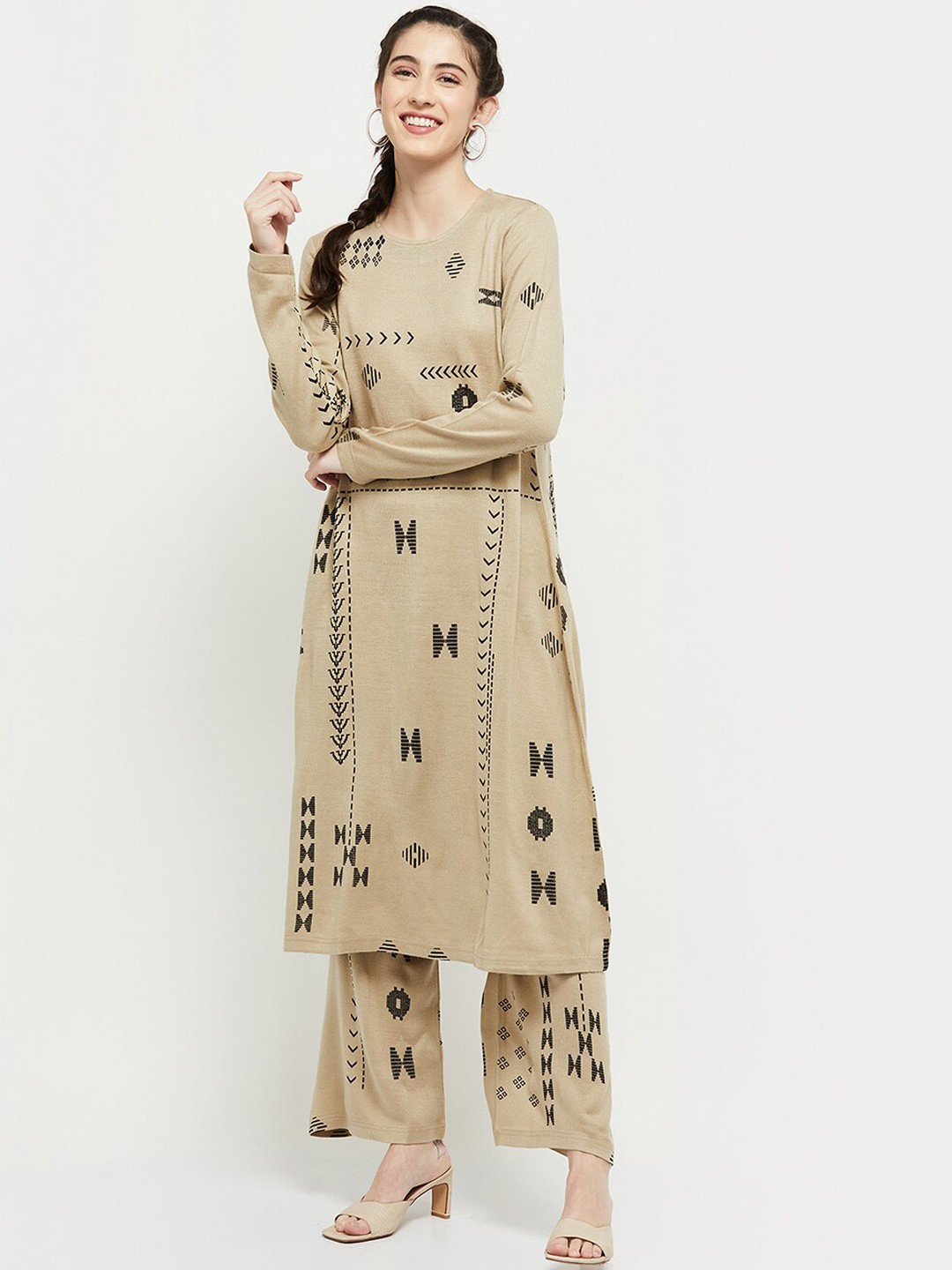 

max Women Beige & Black Ethnic Motifs Printed Kurta