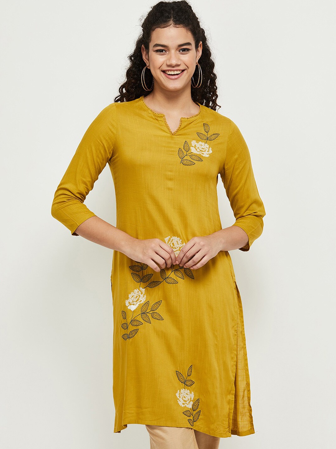 

max Women Mustard Yellow & Beige Embroidered Kurta