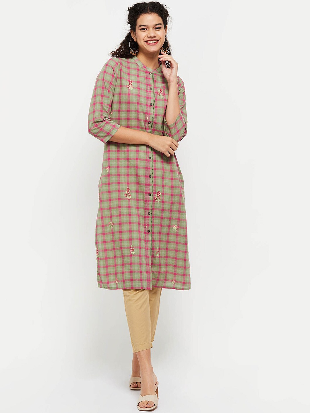 

max Women Green & Pink Floral Checked Kurta