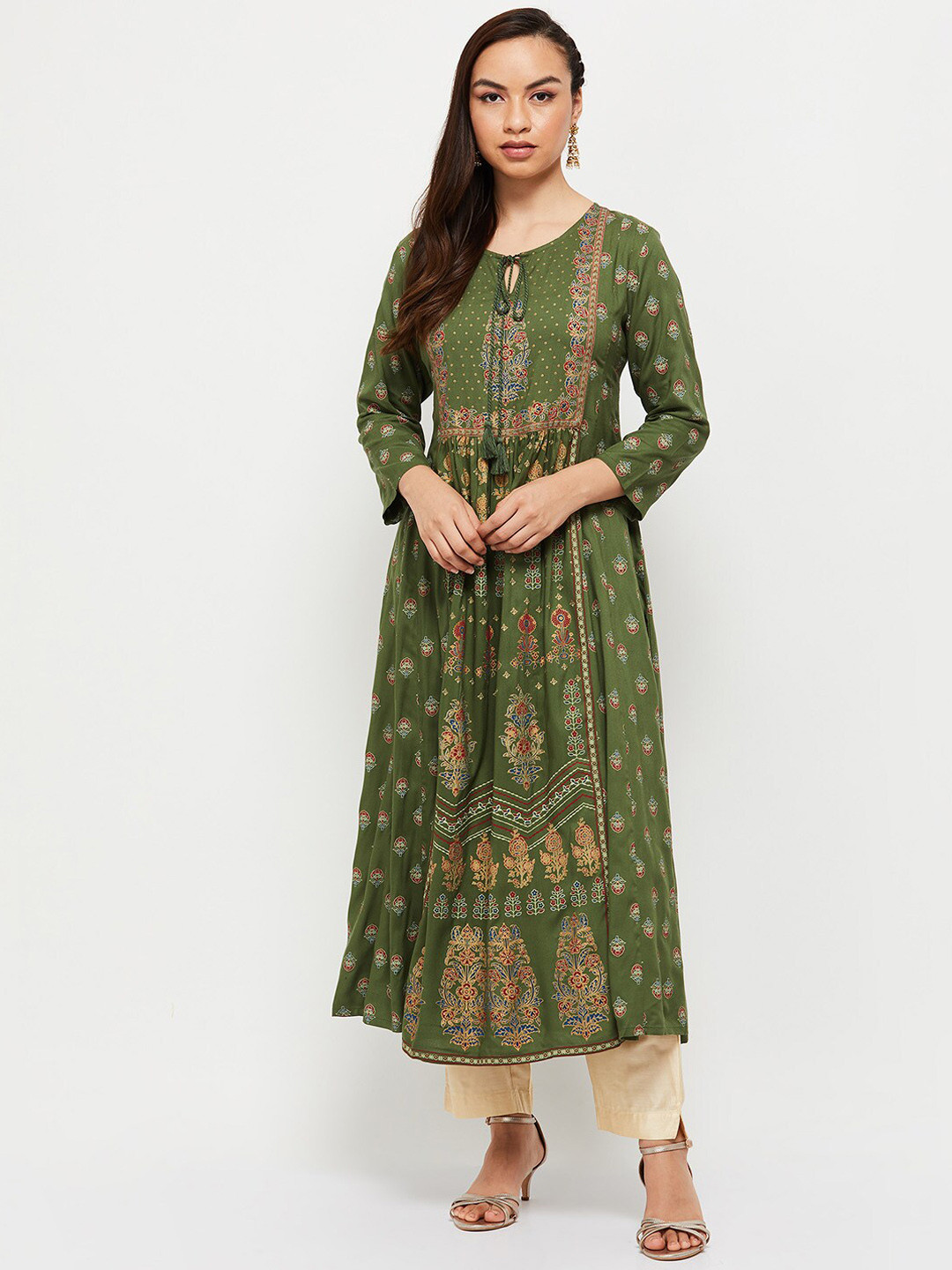 

max Women Olive Green Ethnic Motifs Printed Keyhole Neck Anarkali Kurta