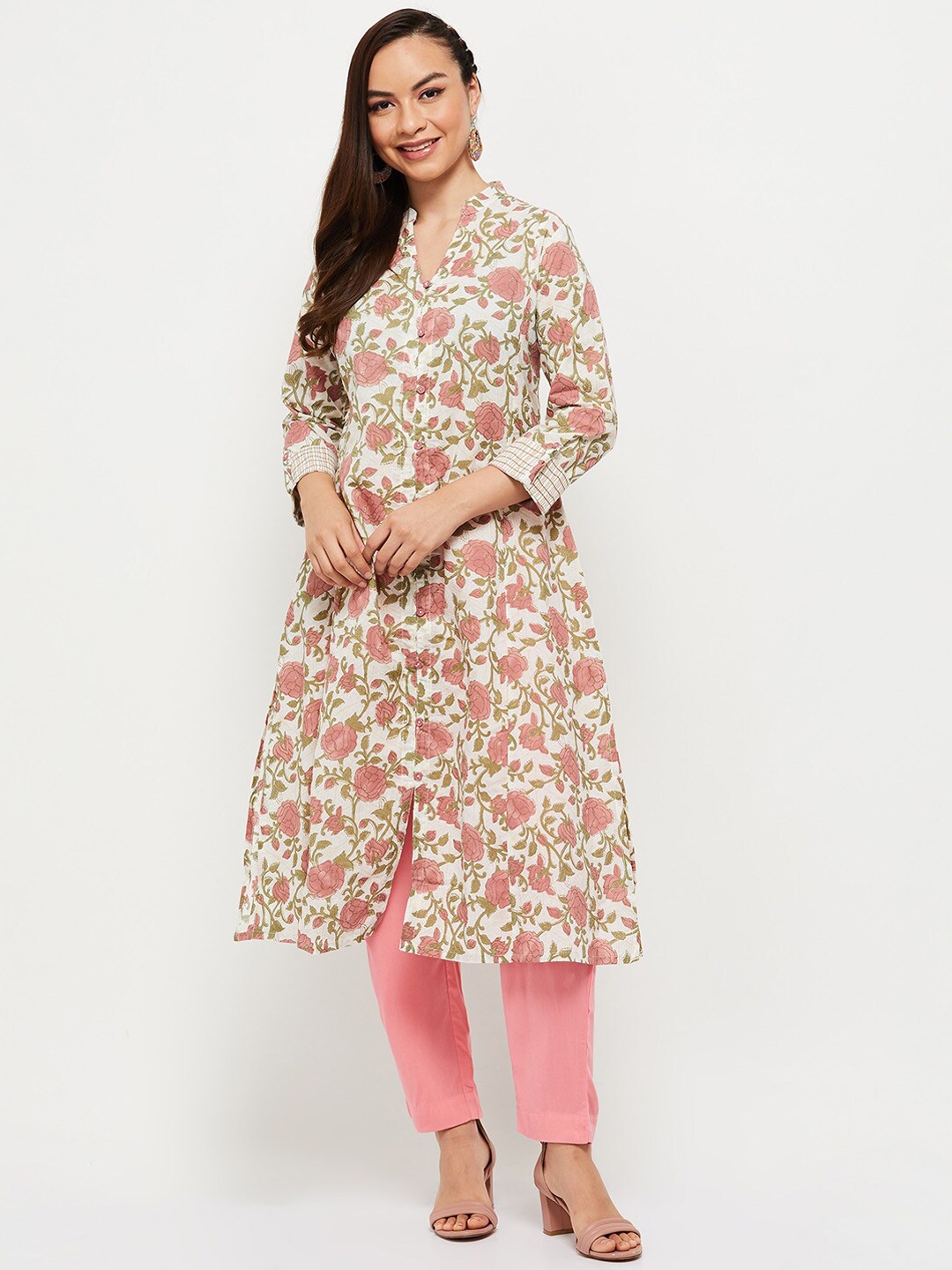 

max Women Off White & Red Floral Printed Kurta