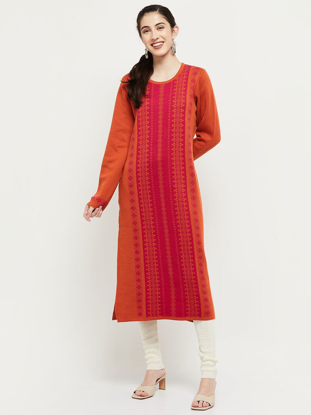 

max Women Orange Striped Woven Design Straight Fit Kurta
