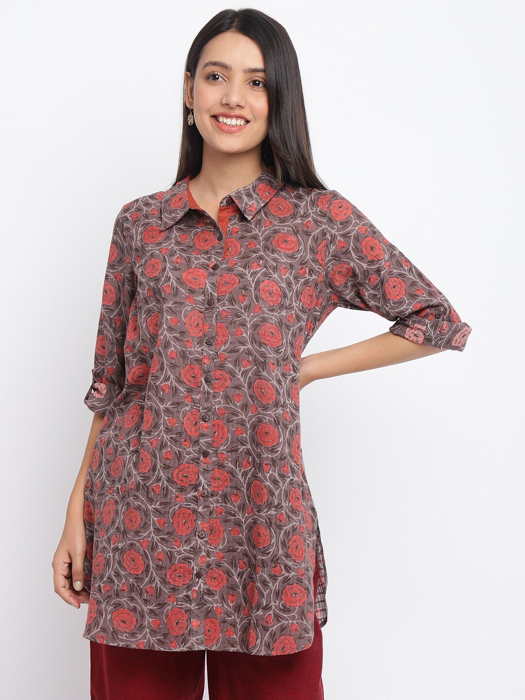 

Fabindia Women Brown & Red Cotton Shirt Collar Printed Tunic