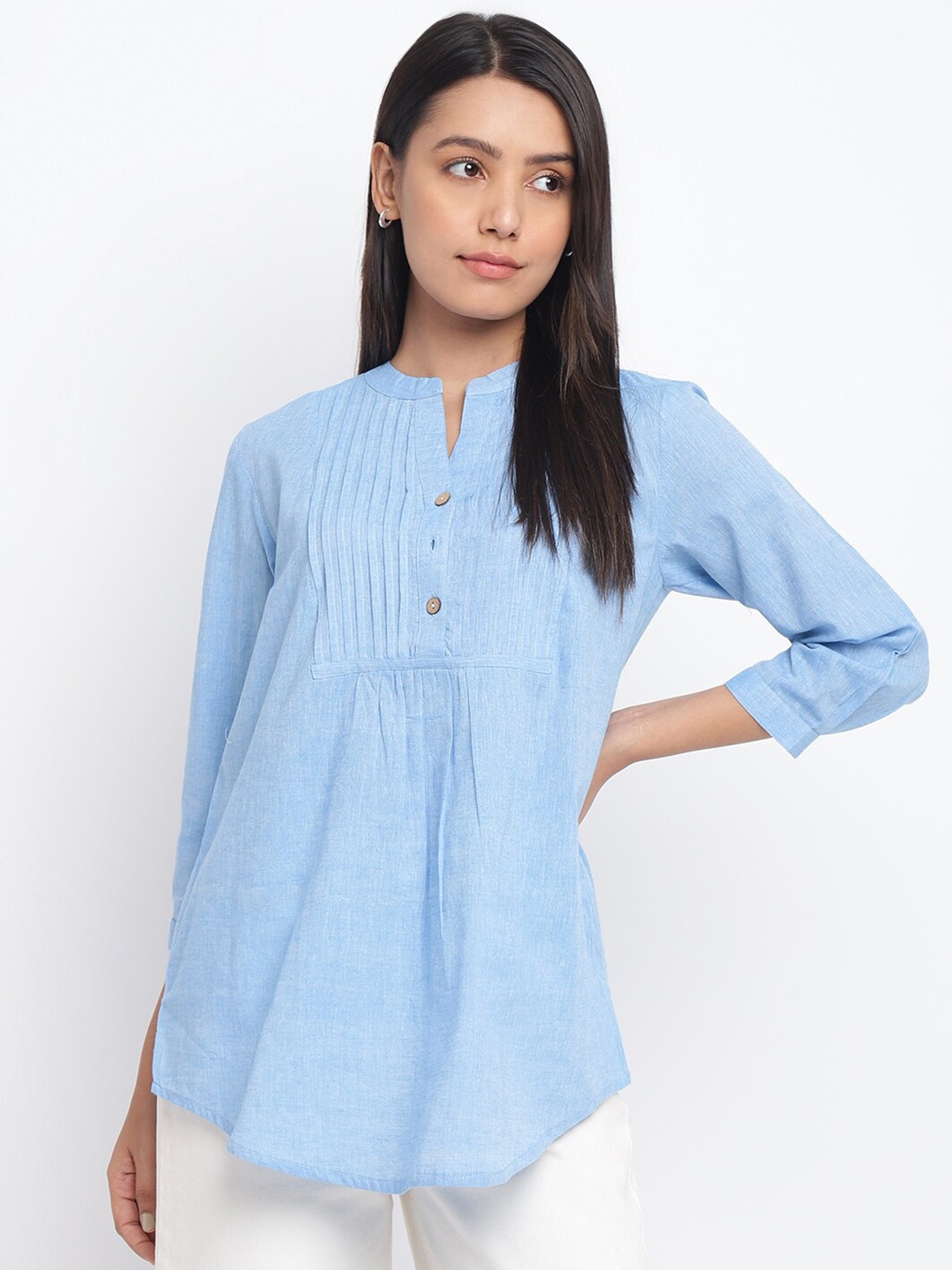 

Fabindia Blue Mandarin Collar Striped Cotton Tunic