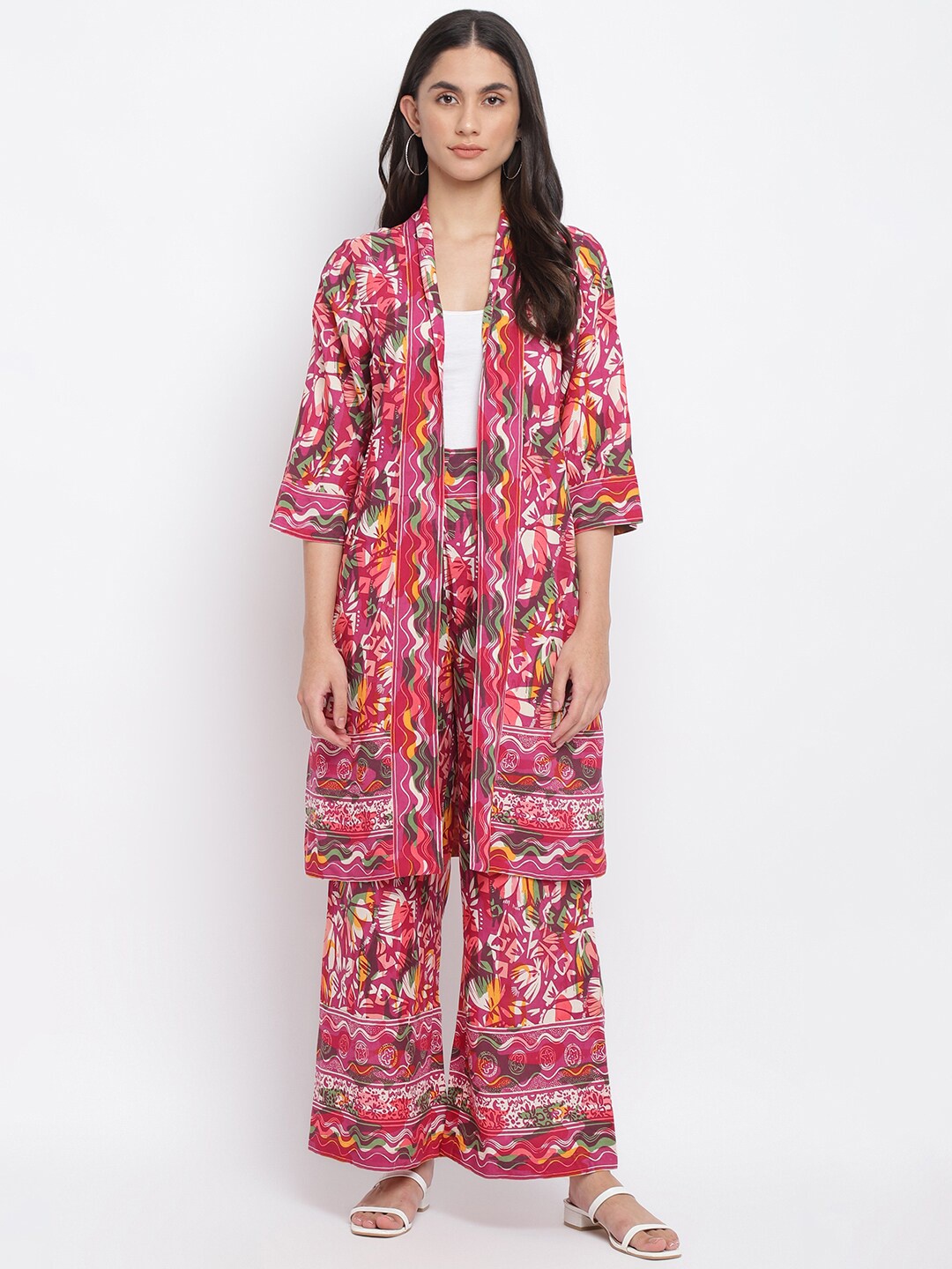 

Fabindia Women Pink & White Printed Longline Shrug
