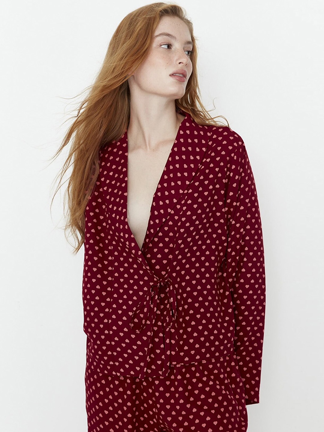 

Trendyol Women Printed Night Suit, Burgundy