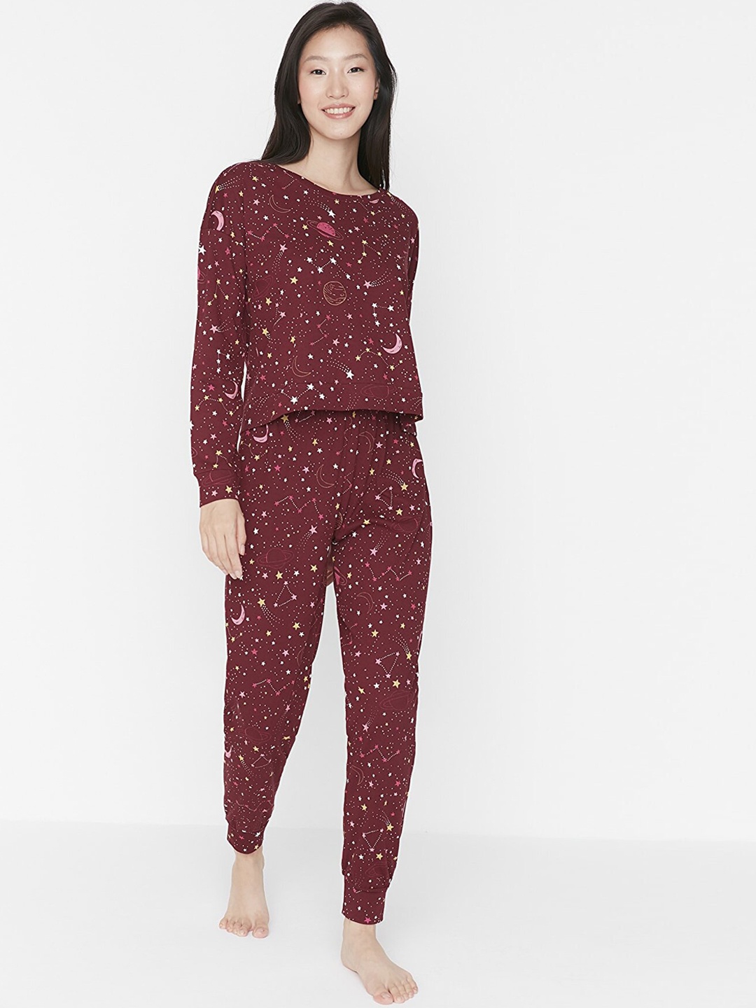 

Trendyol Women Burgundy Printed Night suit