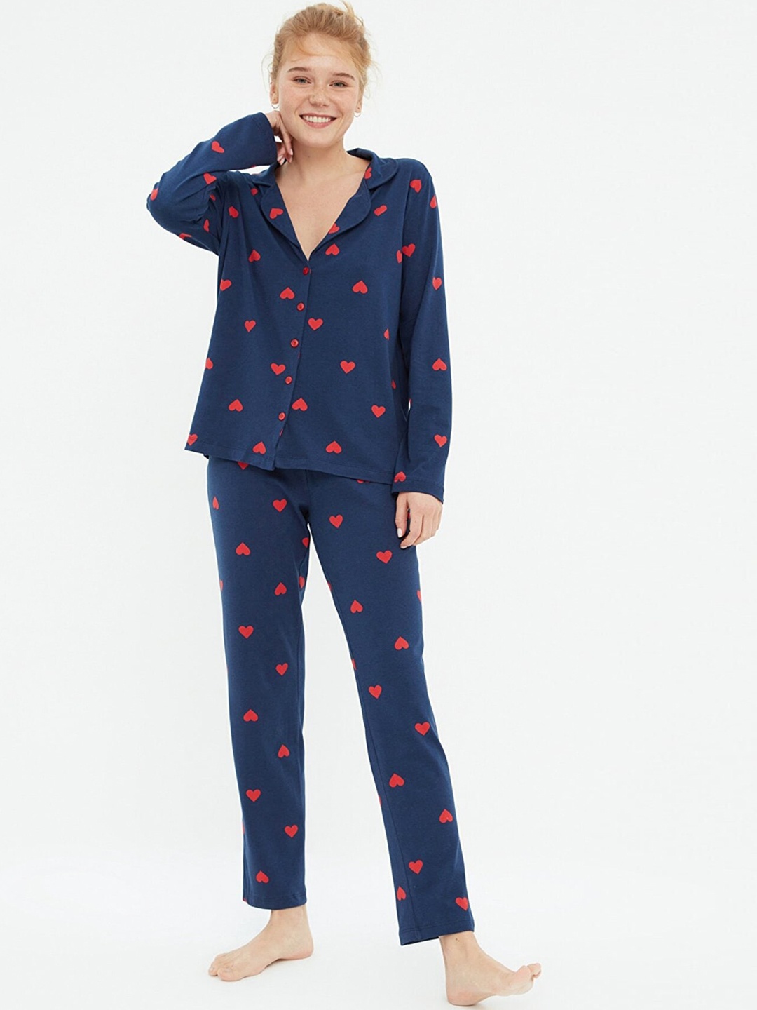 

Trendyol Women Navy Blue Printed Pure Cotton Nightsuit