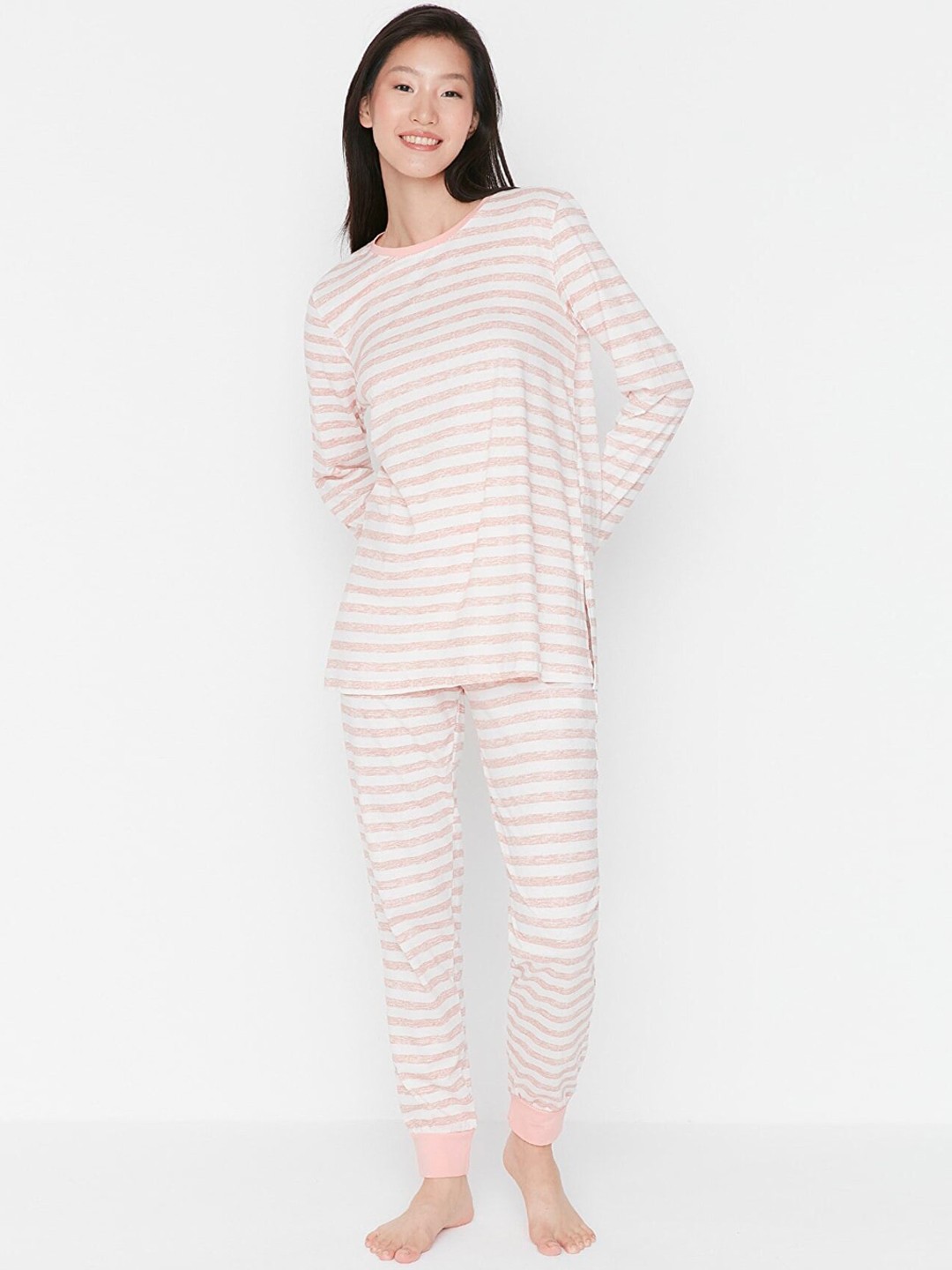 

Trendyol Women Pink & White Striped Night suit