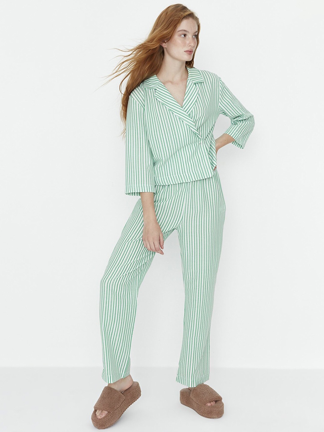 

Trendyol Women Green & White Striped Night suit