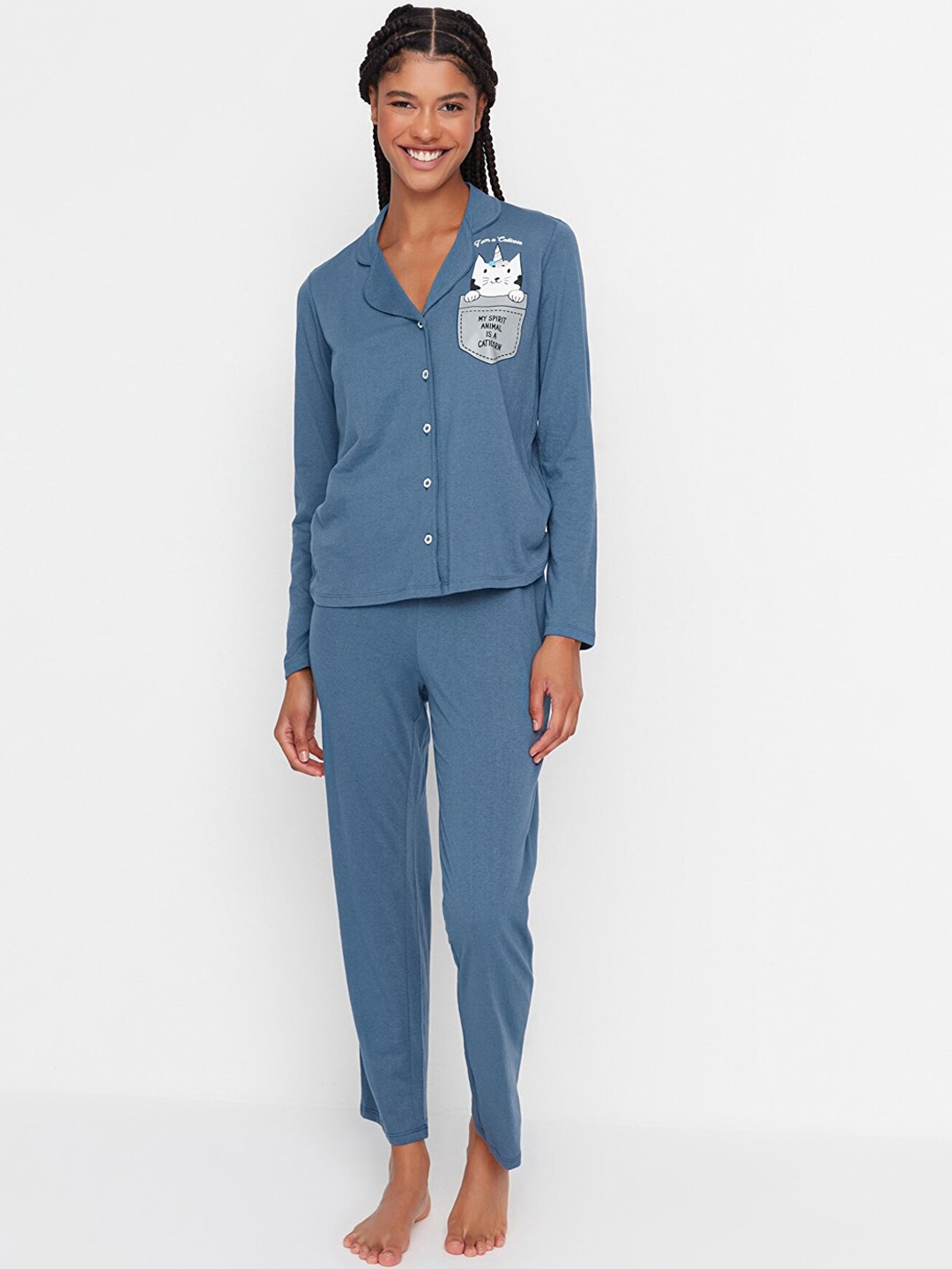 

Trendyol Women Blue Pure Cotton Night suit