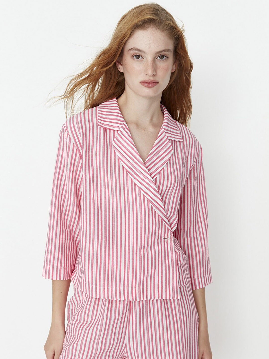 

Trendyol Women Pink & White Striped Night suit