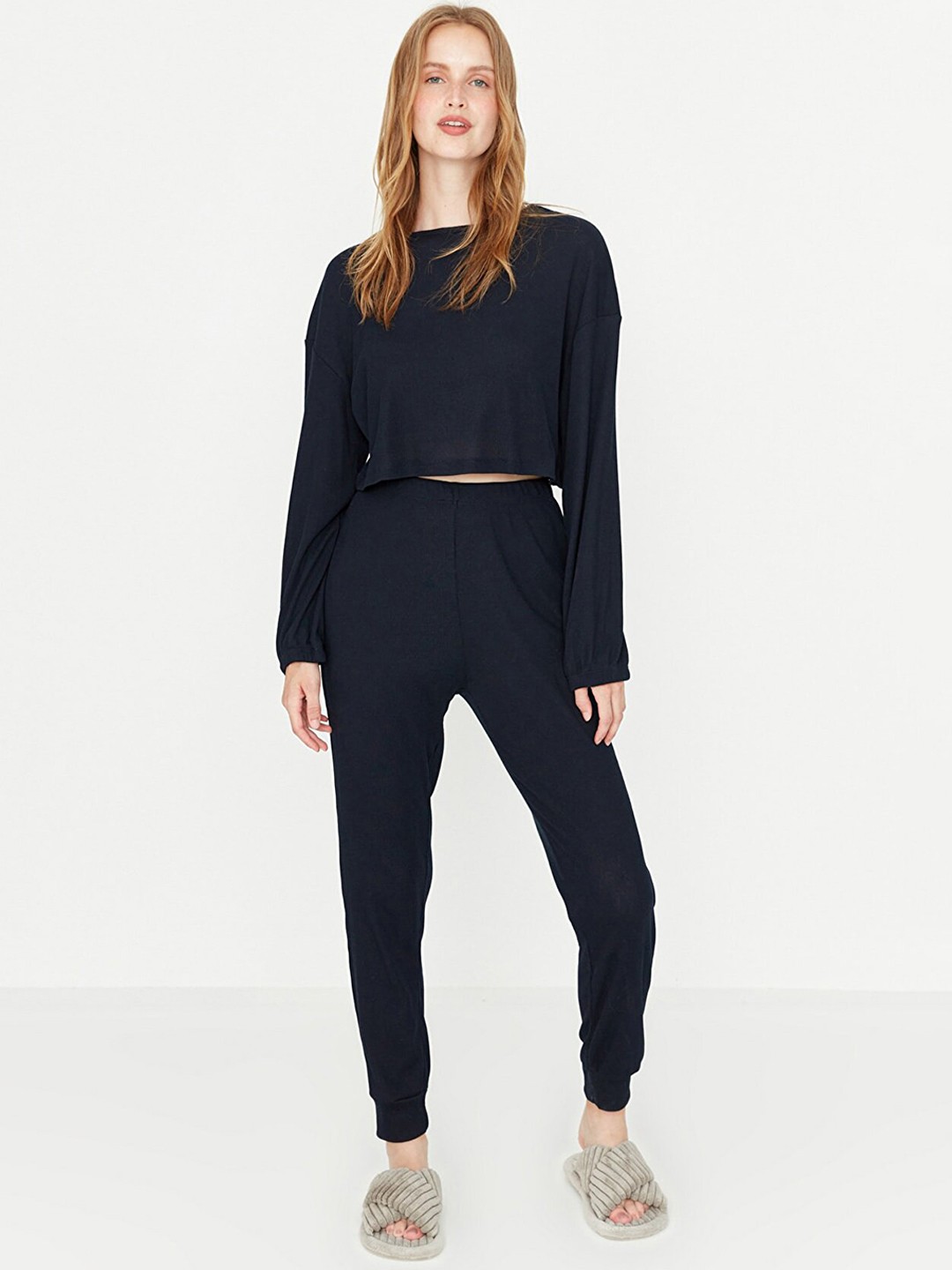

Trendyol Women Navy Blue Solid Night suit