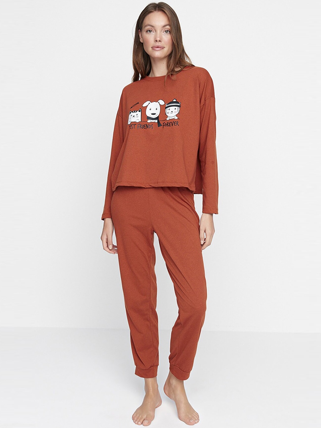 

Trendyol Women Rust & White Printed Night suit