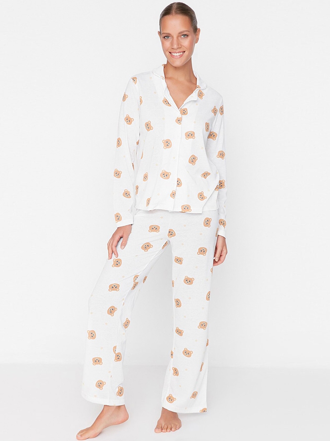 

Trendyol Women White & Brown Cotton Printed Night suit