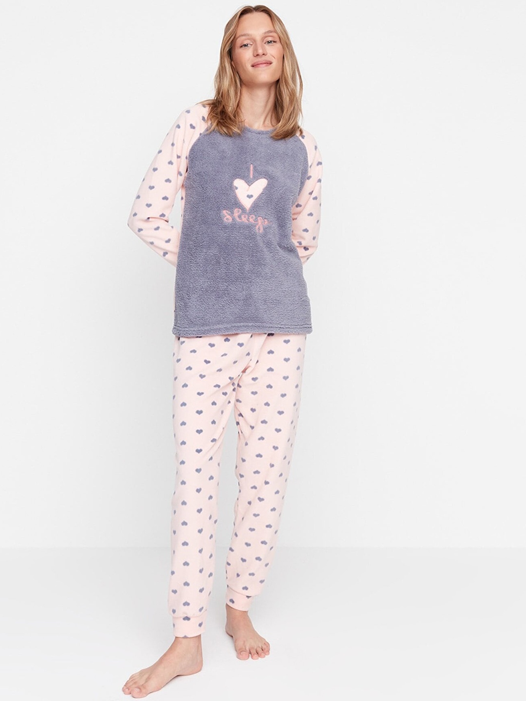 

Trendyol Women Grey & Pink Printed Night suit