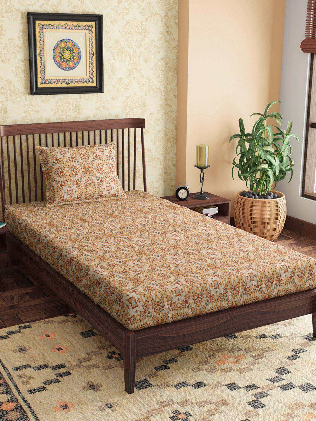 

PETAL HOME Yellow & Beige Ethnic Motifs 300 TC Single Bedsheet with 1 Pillow Covers