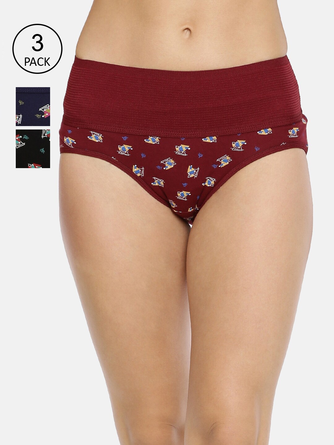 

RedRose Women Pack Of 3 Printed Cotton Hipster Briefs, Maroon