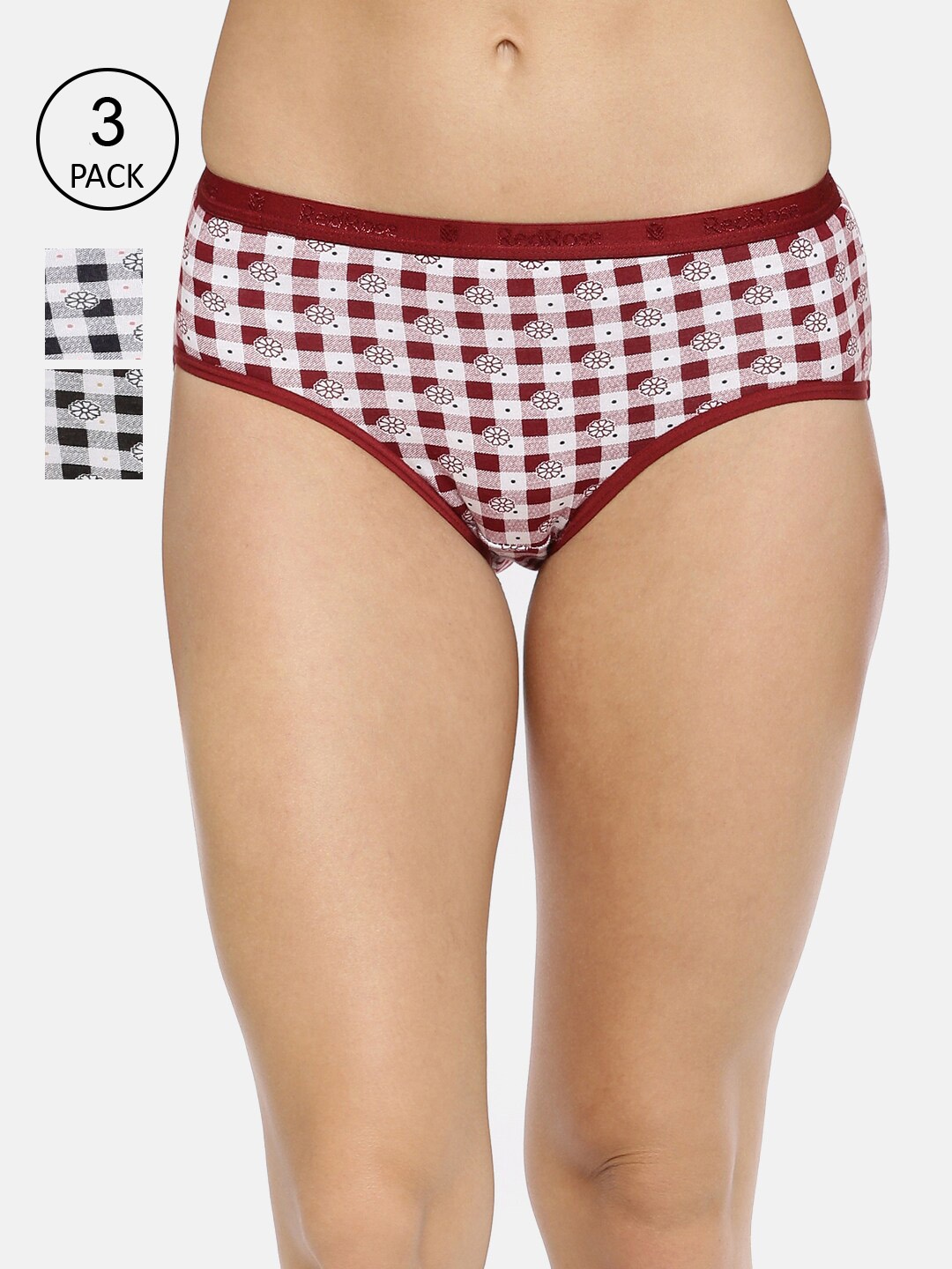 

RedRose Women Pack Of 3 Checked Hipster Briefs, Maroon