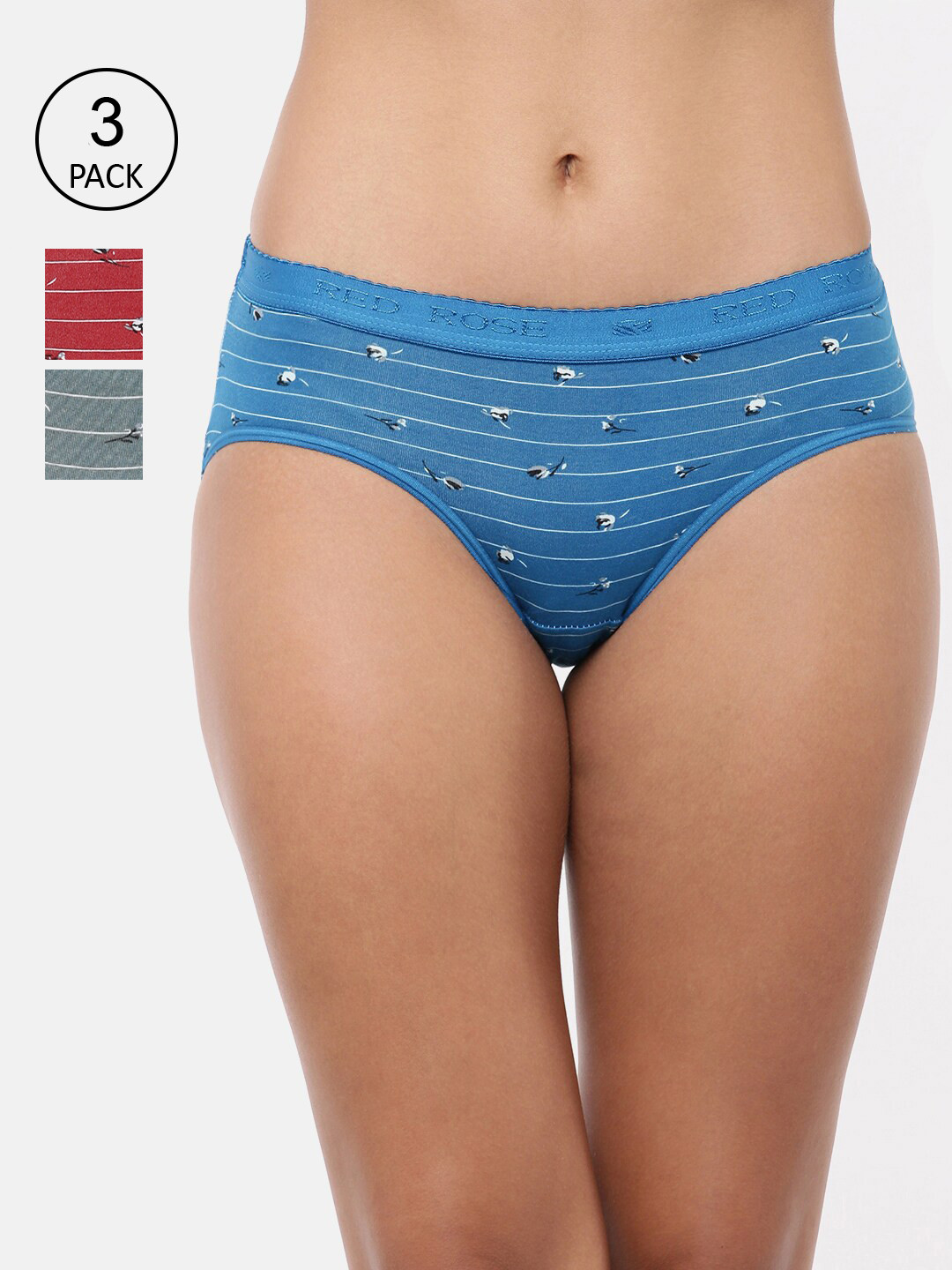

RedRose Women Pack Of 3 Striped Cotton Hipster Briefs, Blue