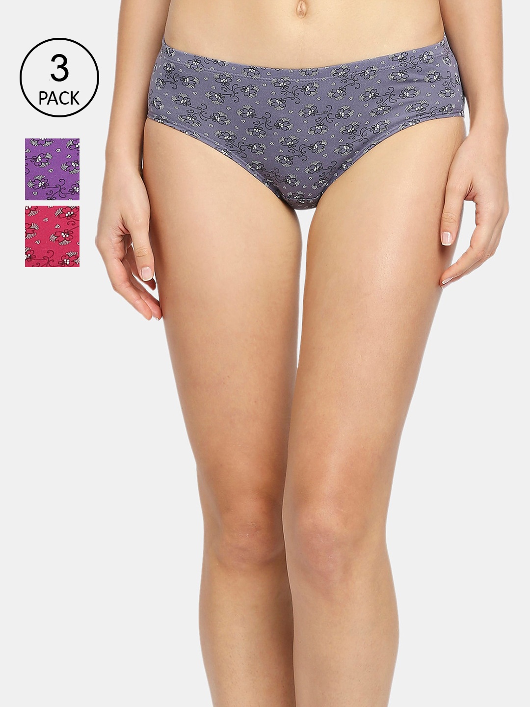 

RedRose Women Pack Of 3 Printed Cotton Hipster Briefs, Purple