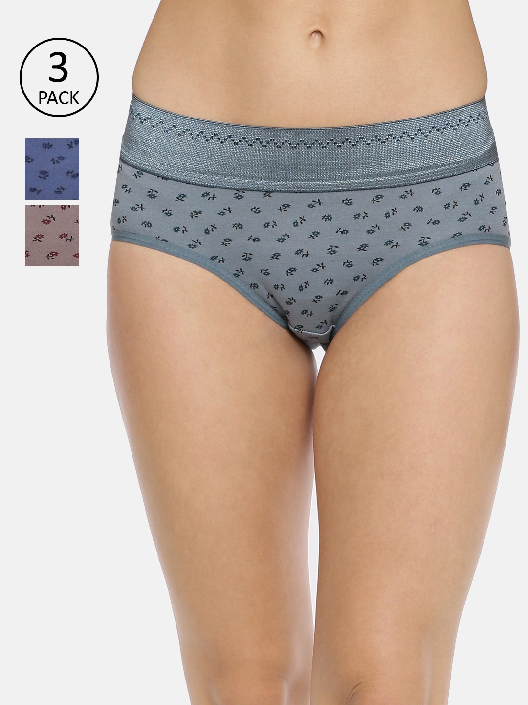 

RedRose Women Pack Of 3 Brown Grey & Blue Printed Hipster Briefs