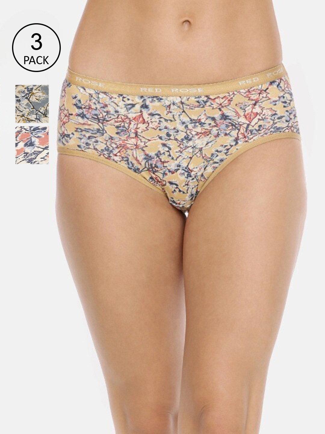 

RedRose Women Pack Of 3 Printed Cotton Hipster Briefs, Yellow