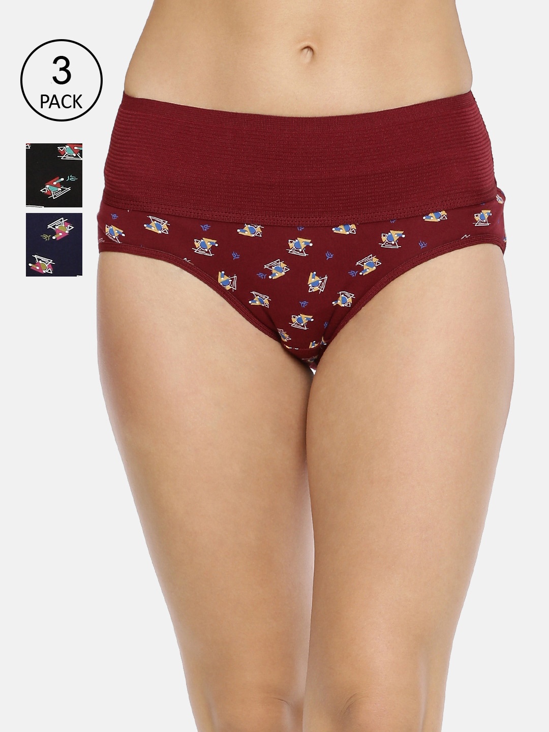 

RedRose Women Pack Of 3 Maroon & Black Printed Hipster Briefs