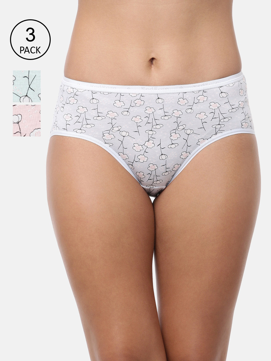 

RedRose Women Plus Size Pack Of 3 Floral Printed Cotton Hipster Briefs, Green