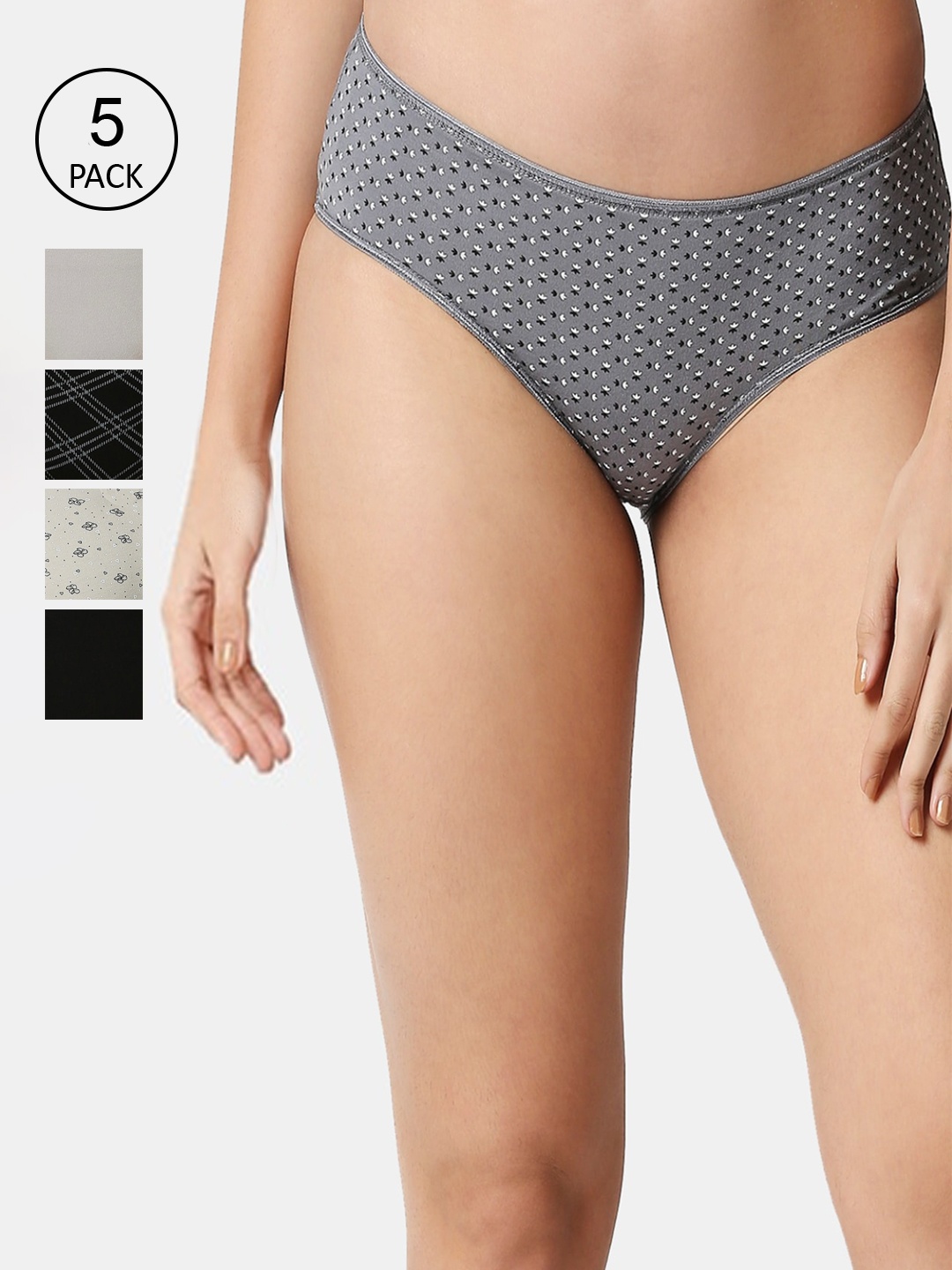 

RedRose Women Pack Of 5 Printed Cotton hipster Briefs, Grey