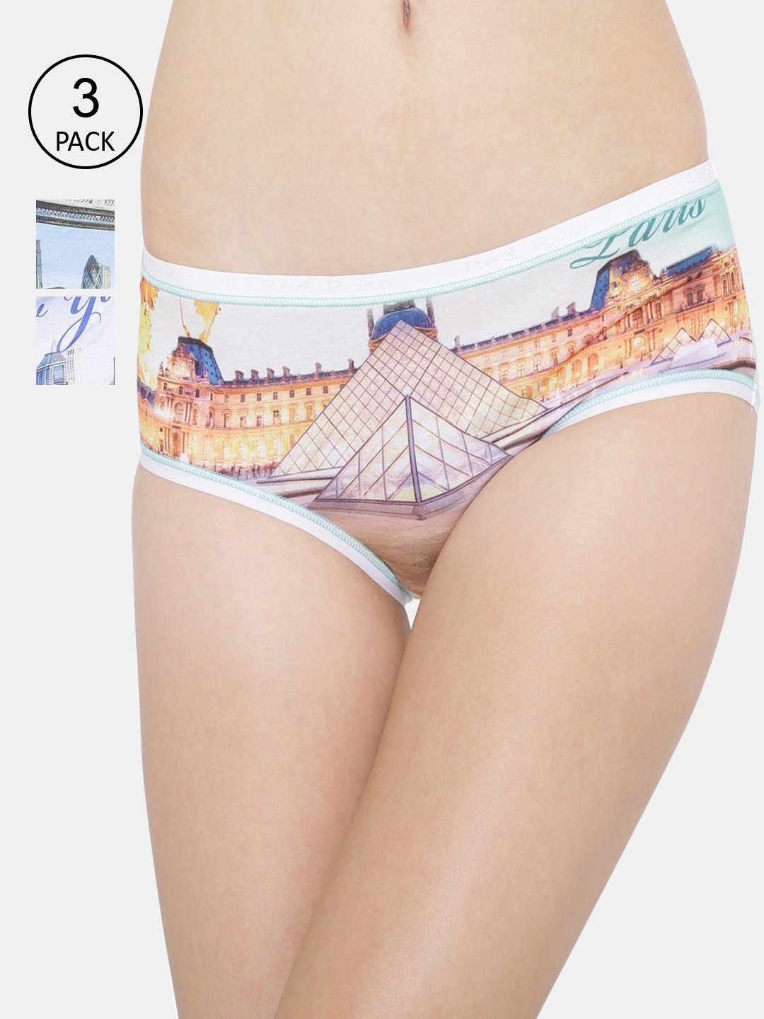 

RedRose Women Pack Of 3 Printed Hipster Briefs, Blue