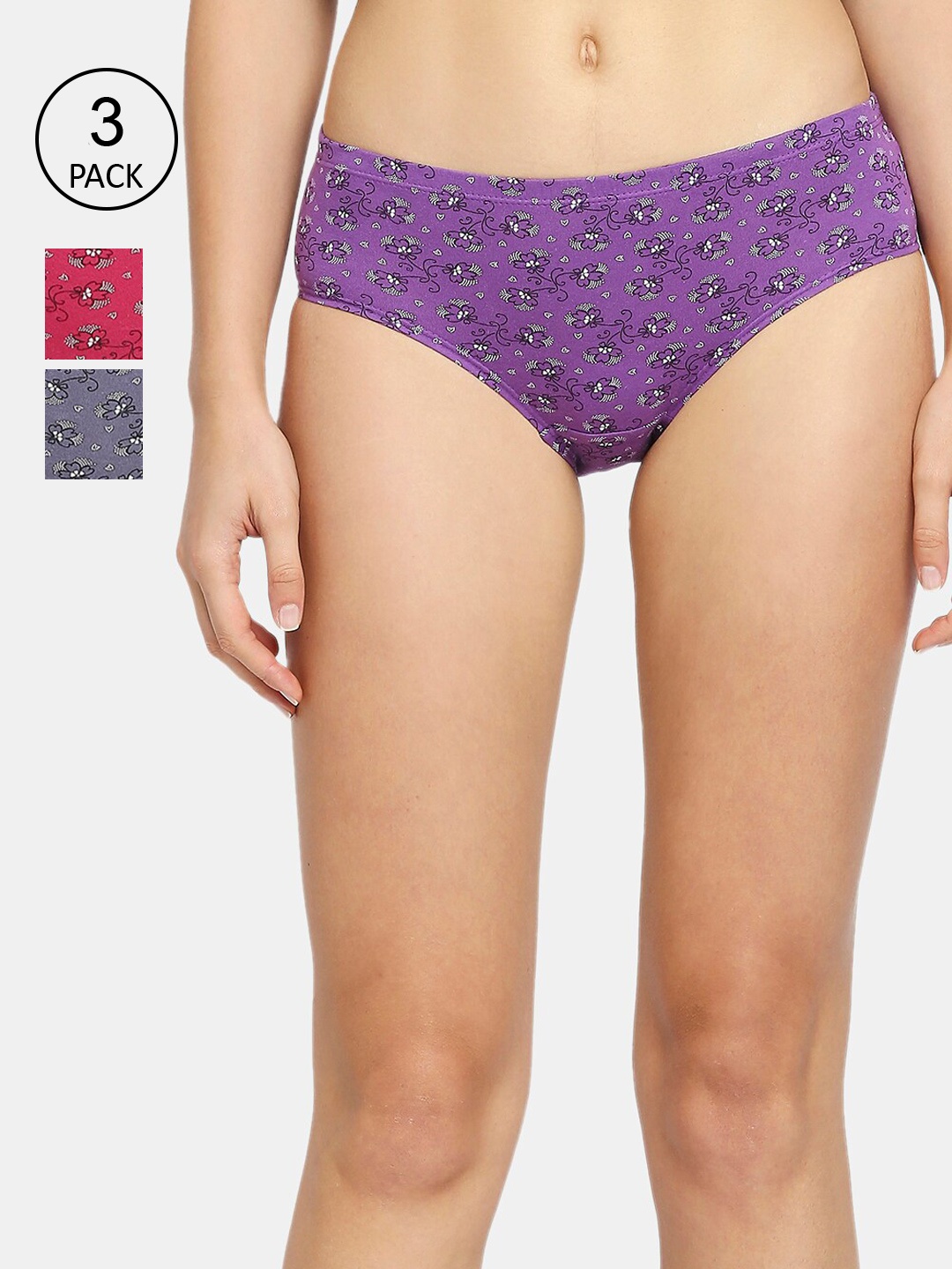 

RedRose Women Pack Of 3 Printed Cotton Hipster Briefs, Purple