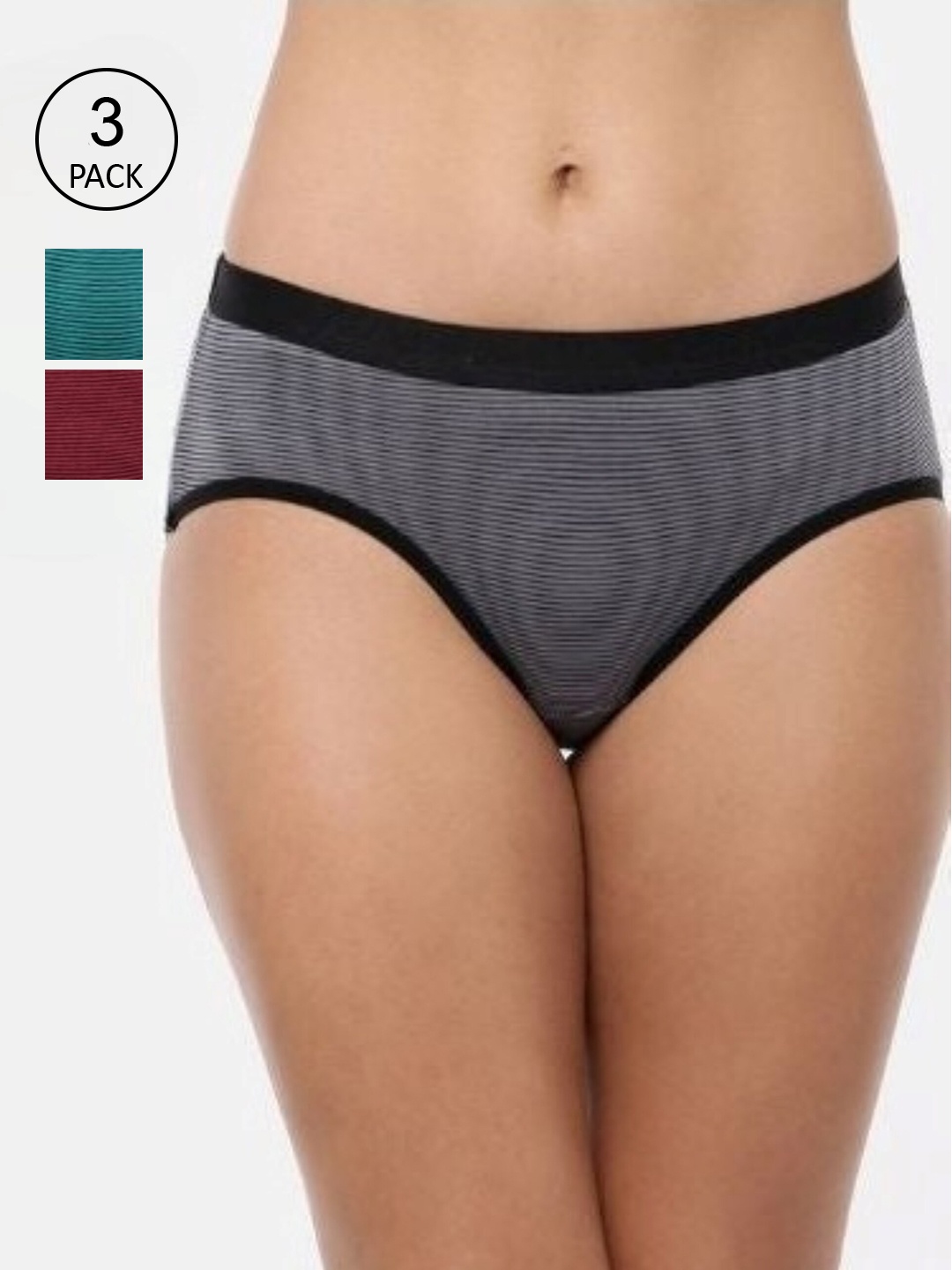 

RedRose Plus Size Women Pack Of 3 Striped Cotton Hipster Briefs, Grey
