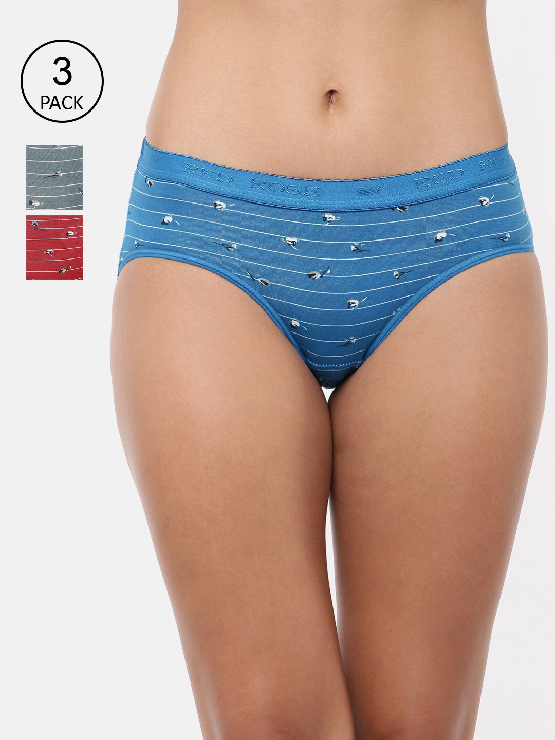 

Redrose Women Pack of 3 Printed Cotton Hipster Briefs, Blue