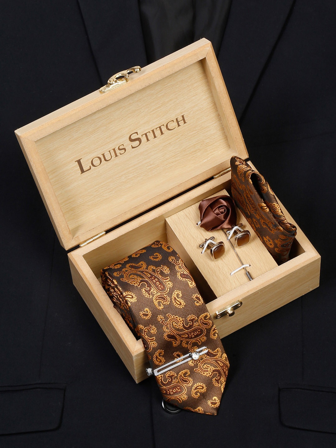 

LOUIS STITCH Men Paisley Self Design Italian Silk Necktie Accessory Gift Set, Brown