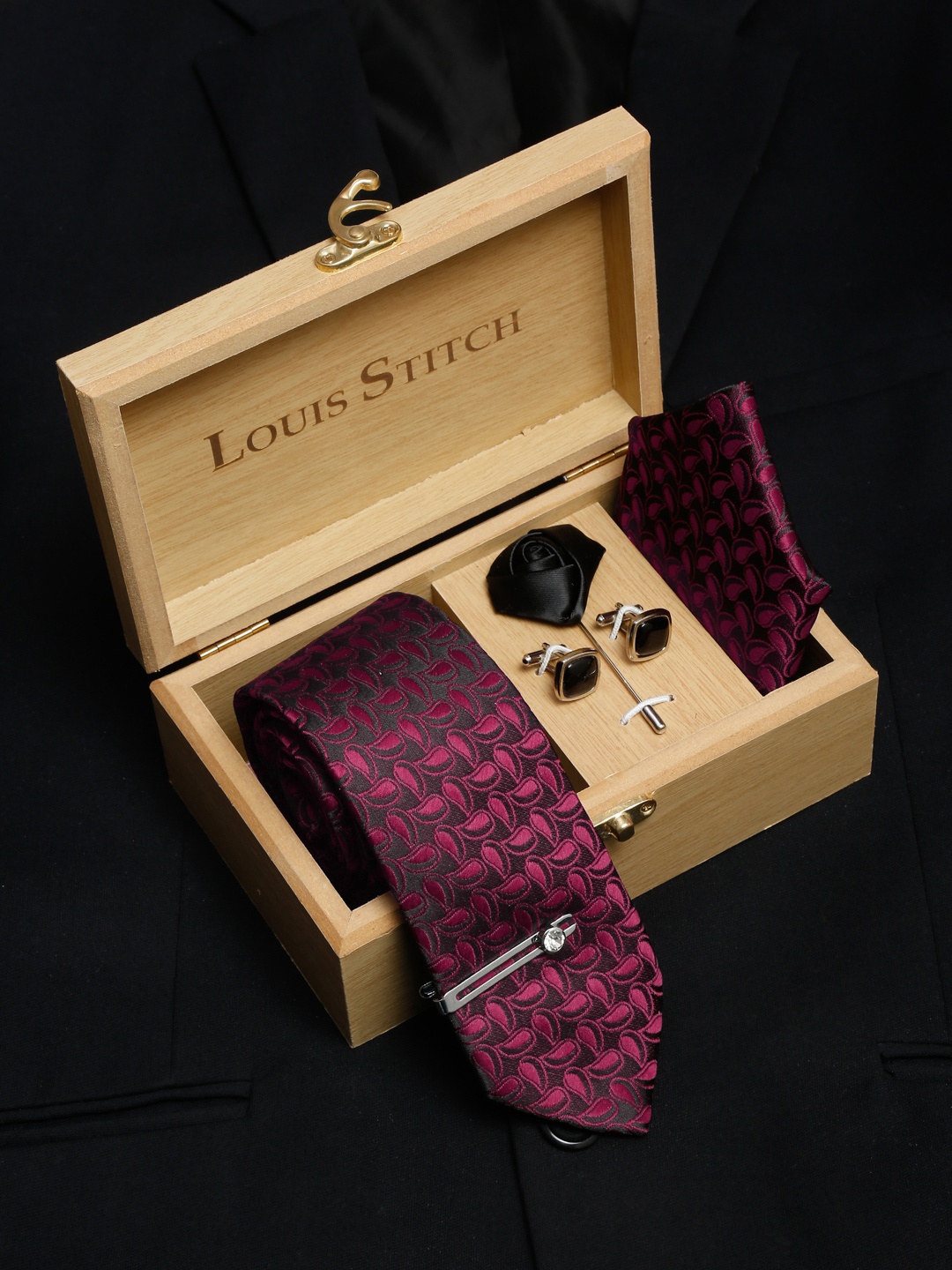 

LOUIS STITCH Men Paisley Self Design Italian Silk Necktie Accessory Gift Set, Red