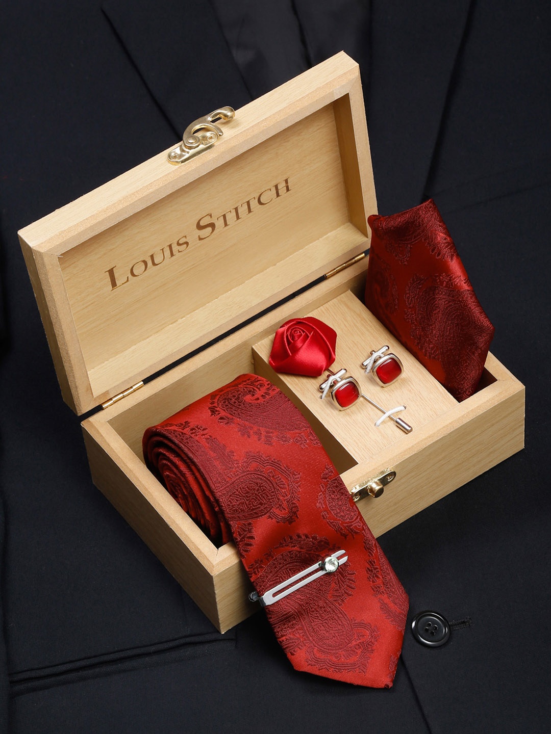 

LOUIS STITCH Men Italian Silk Necktie Accessory Gift Set, Red