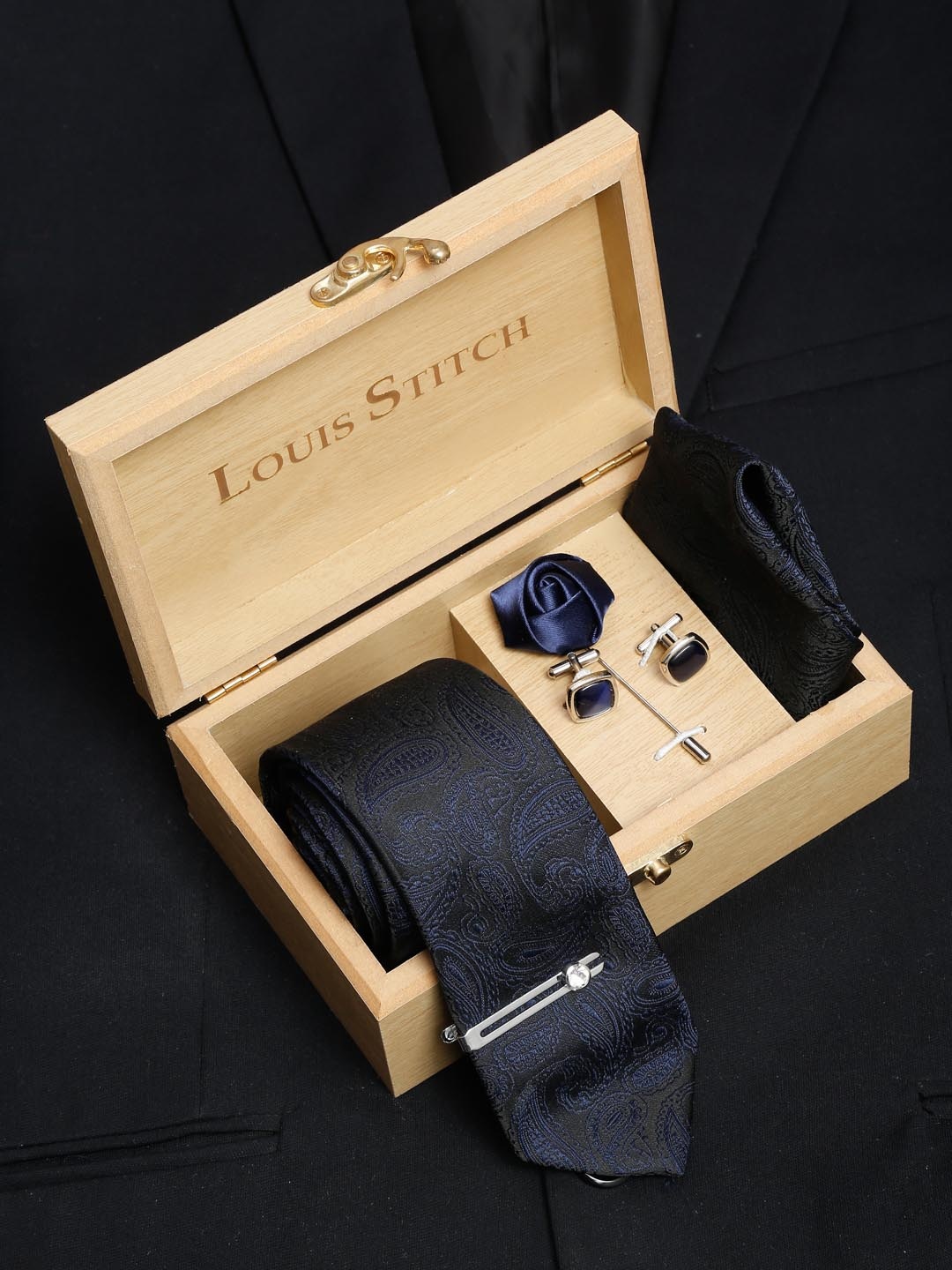 

LOUIS STITCH Men Italian Silk Necktie Accessory Gift Set, Blue