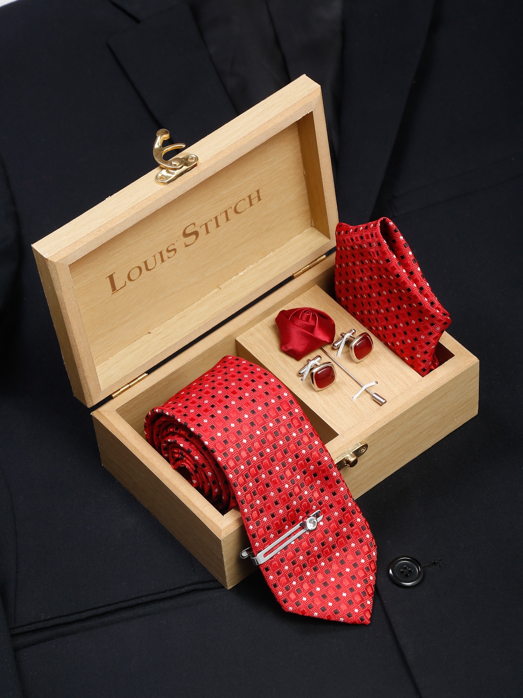 

LOUIS STITCH Men Woven Design Silk Necktie Accessory Gift Set, Red