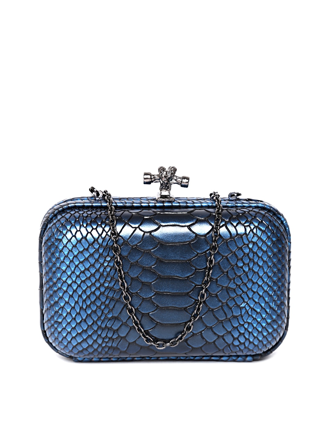 

GIORDANO Blue Snakeskin-Textured Box Clutch with Chain Strap