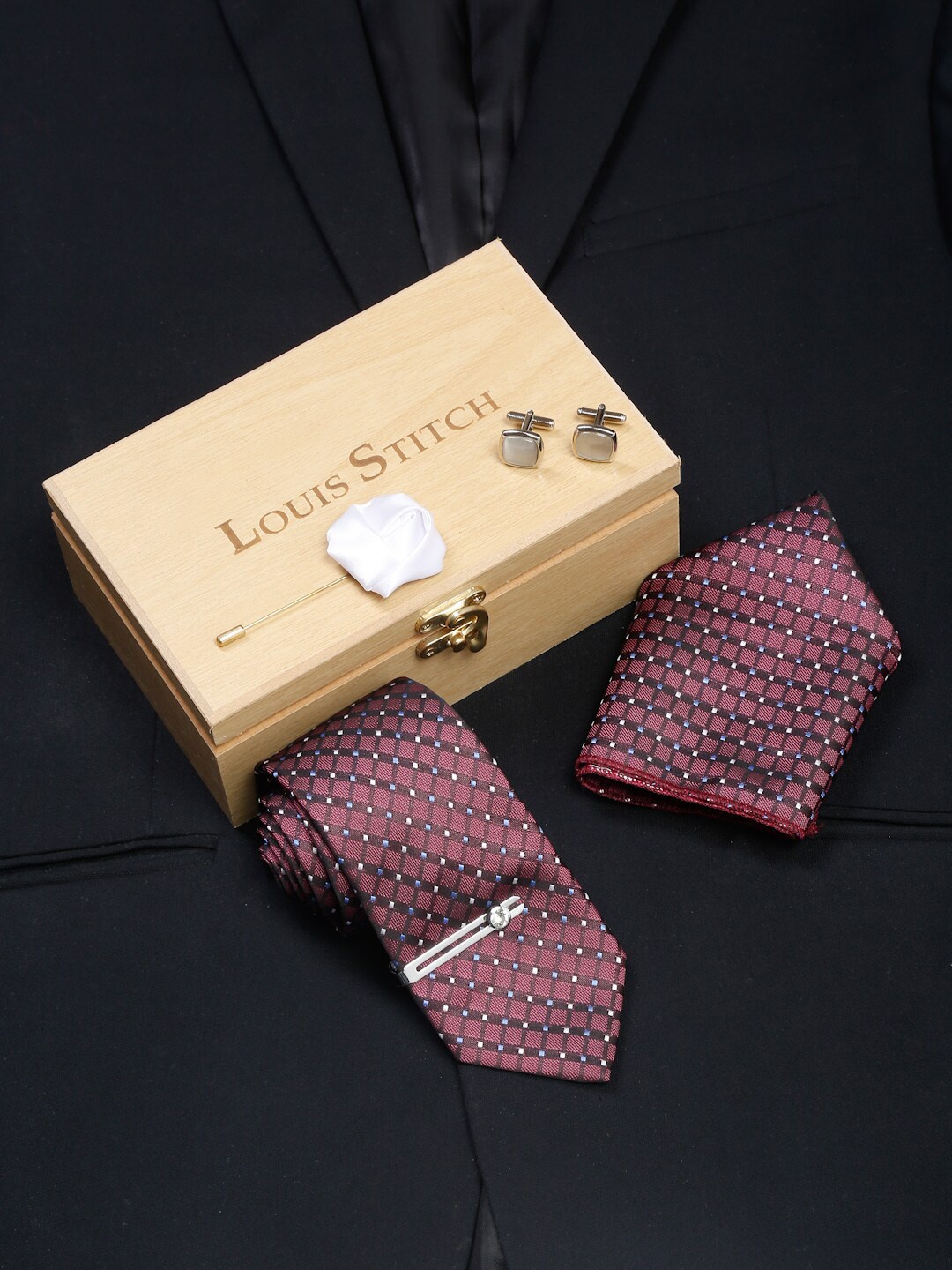 

LOUIS STITCH Men Brown Italian Silk Formal Tie Accessory Gift Set