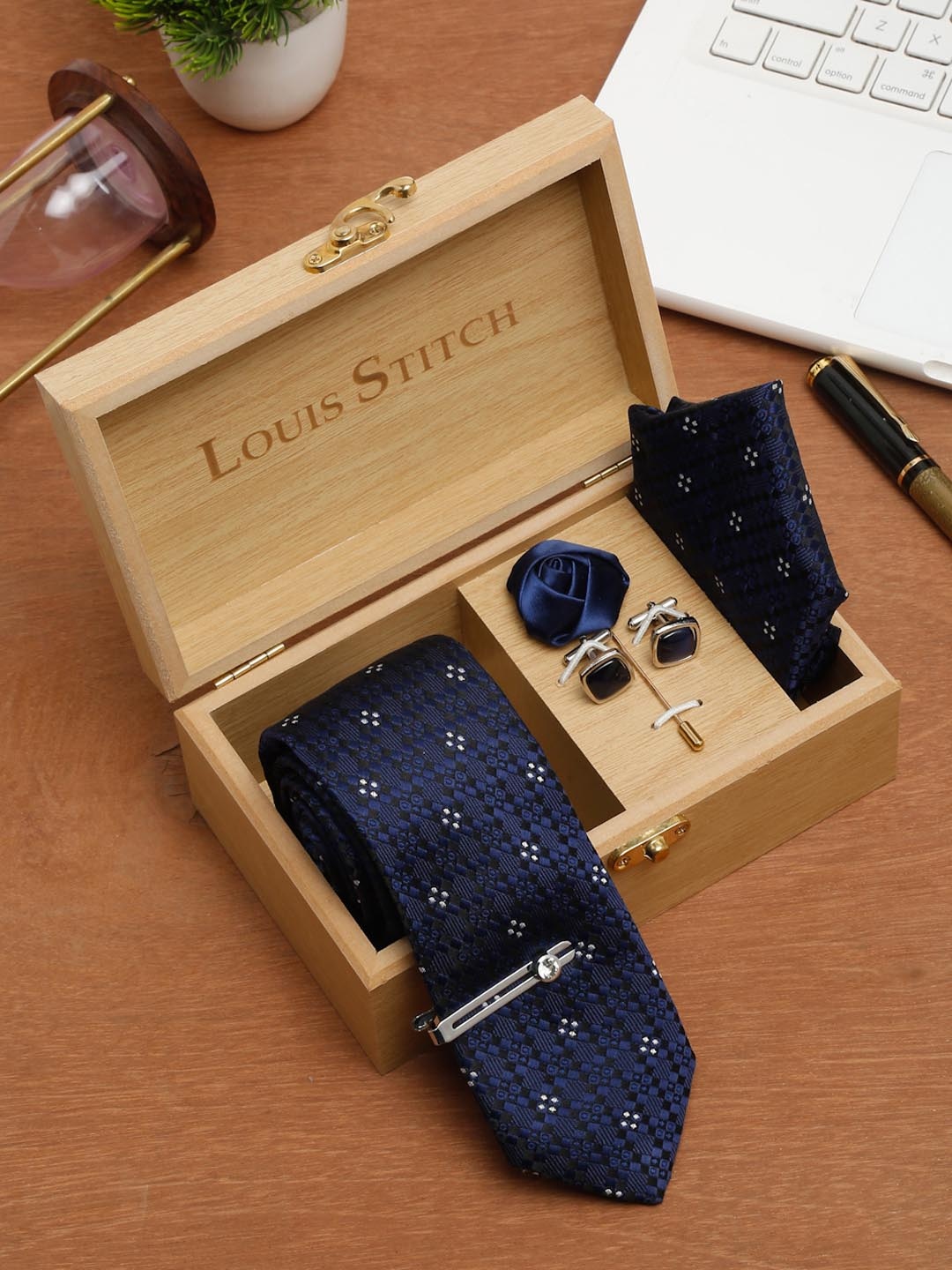 

LOUIS STITCH Men Silk Necktie Accessory Gift Set, Navy blue