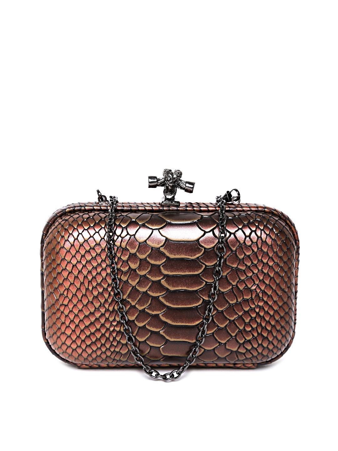 

GIORDANO Brown & Pink Snakeskin-Textured Box Clutch with Chain Strap