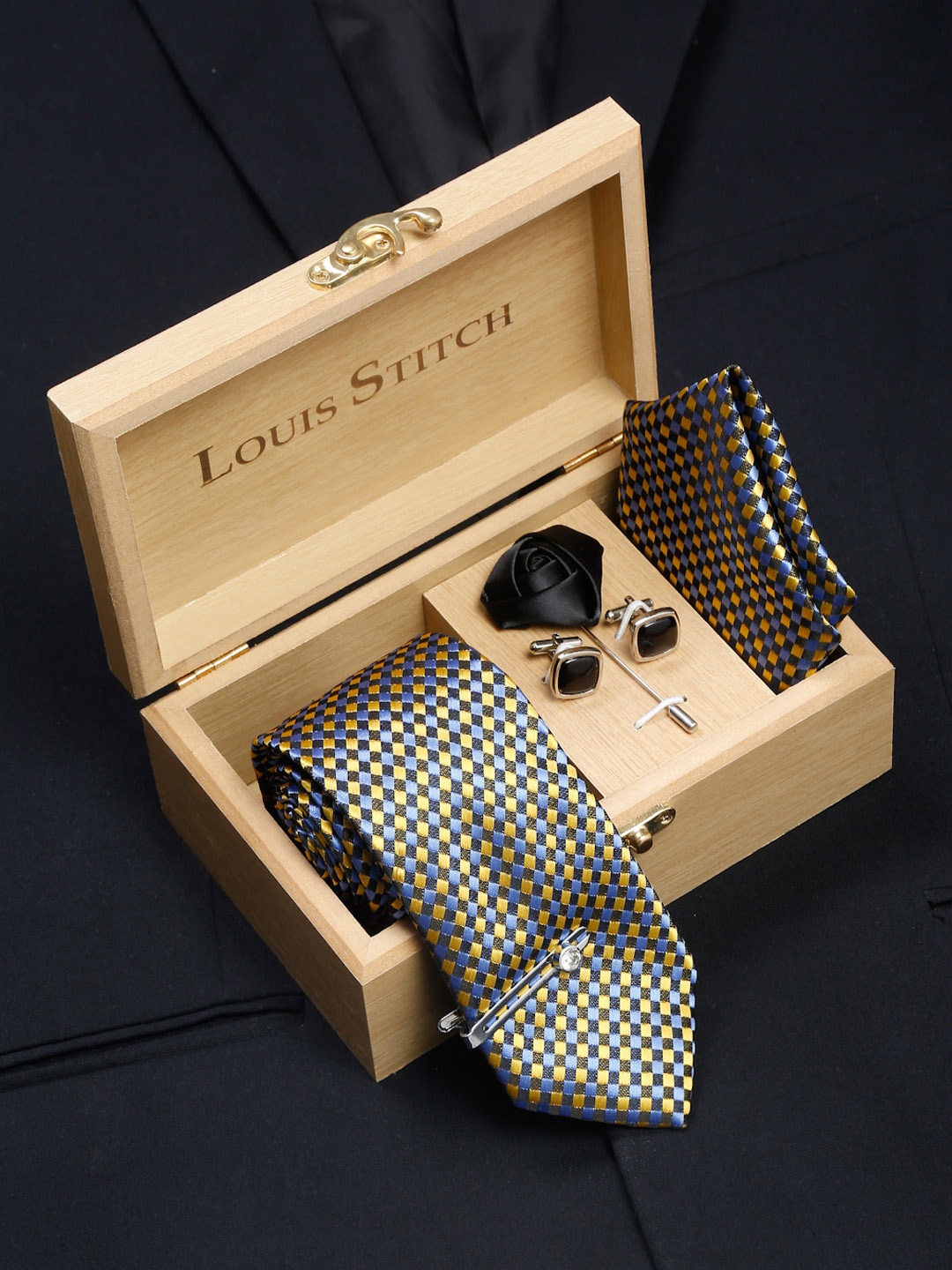 

LOUIS STITCH Men Italian Silk Blend Necktie Accessory Gift Set, Yellow